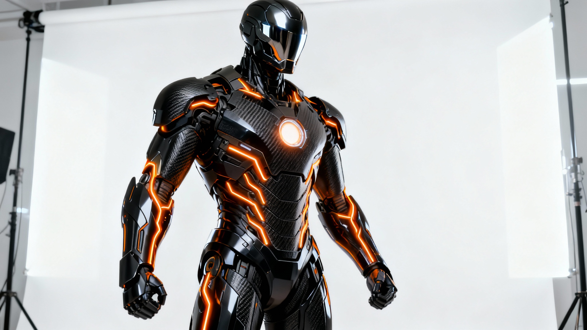 Detailed concept art of a futuristic suit of black armor with glowing orange highlights, presented in a studio setting with a white background.