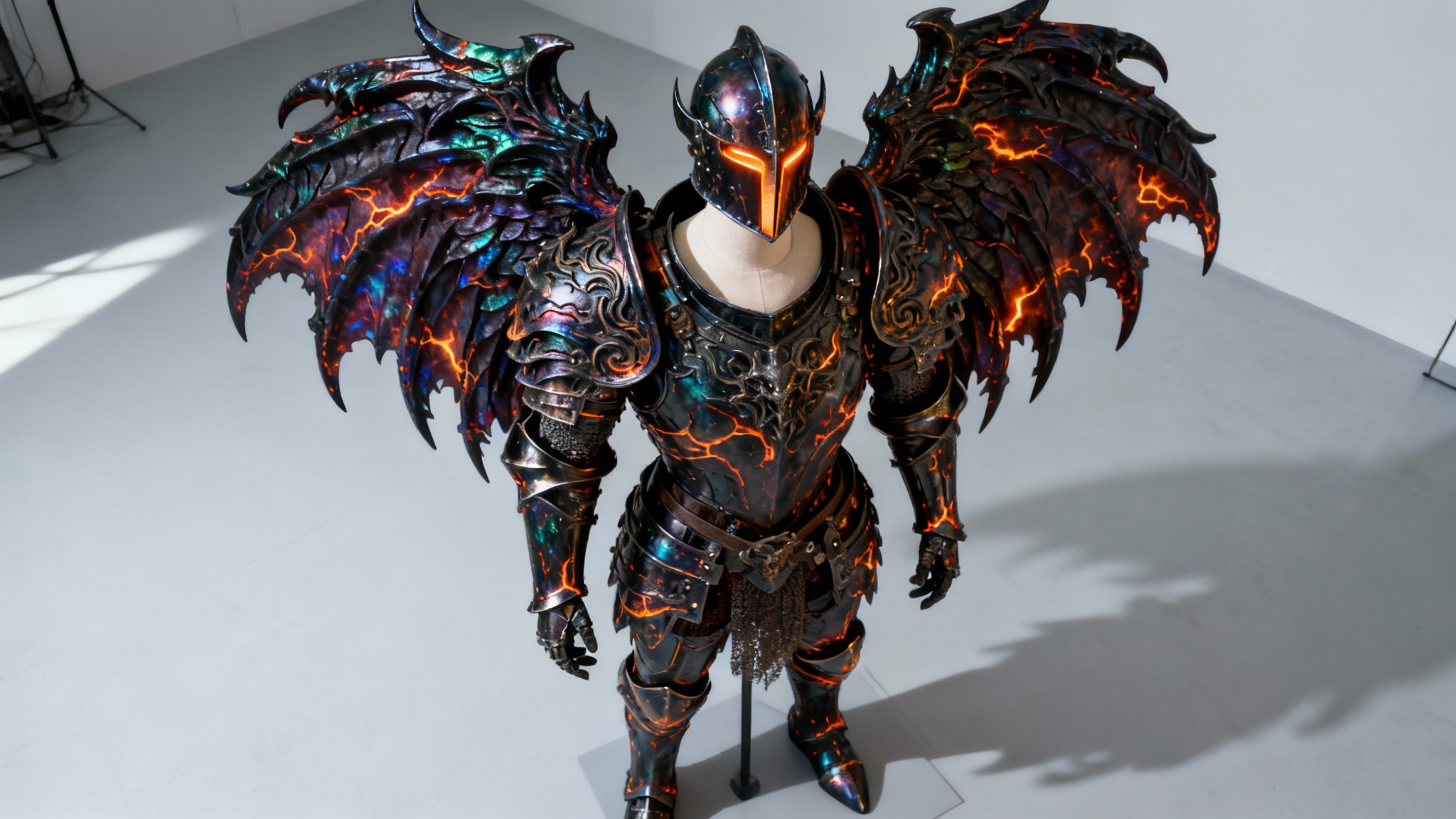 A hyper-detailed concept art image of a dark, obsidian fantasy armor suit with glowing orange cracks, displayed in a dynamic pose against a solid light gray background.