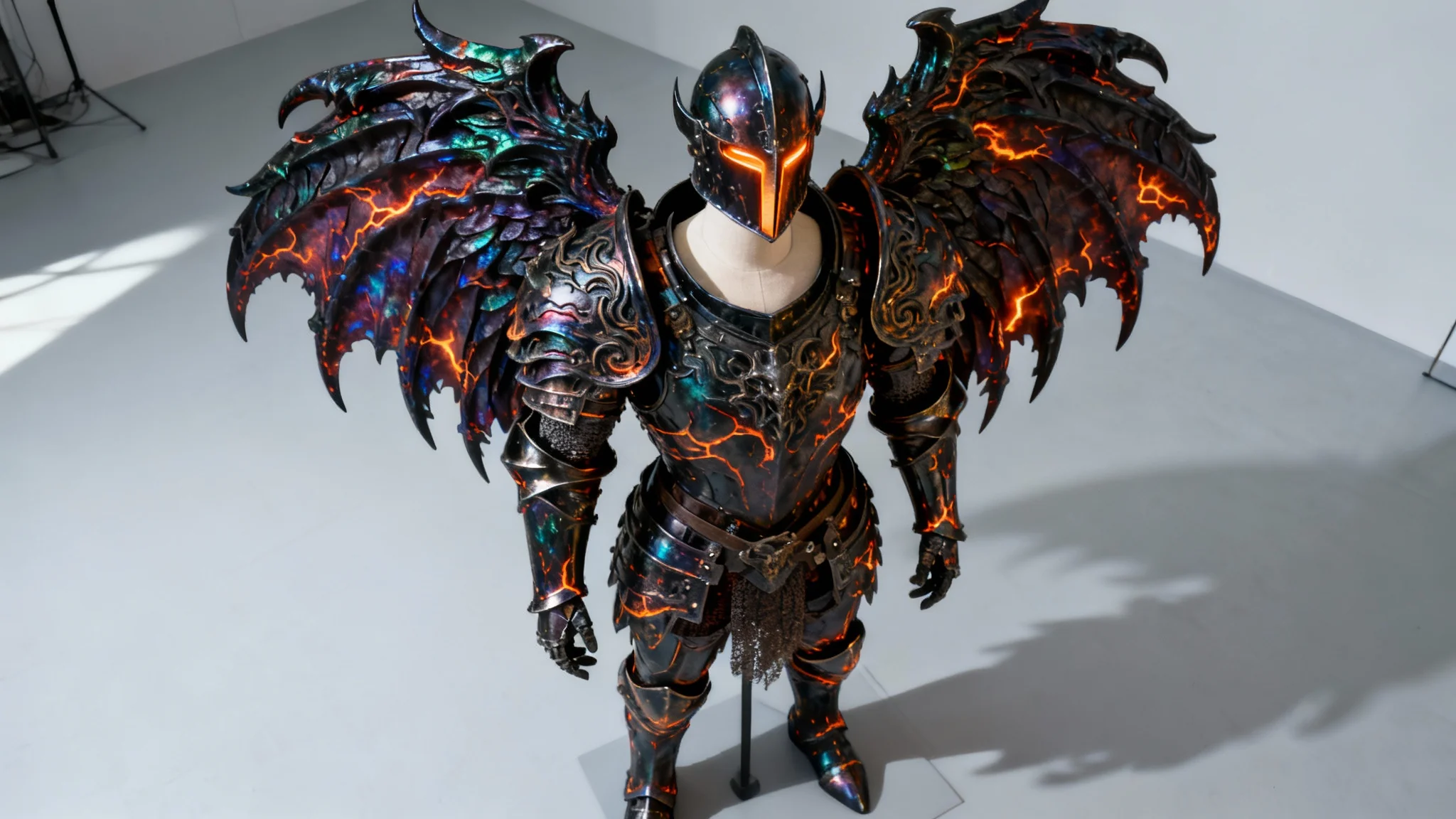 A hyper-detailed concept art image of a dark, obsidian fantasy armor suit with glowing orange cracks, displayed in a dynamic pose against a solid light gray background.