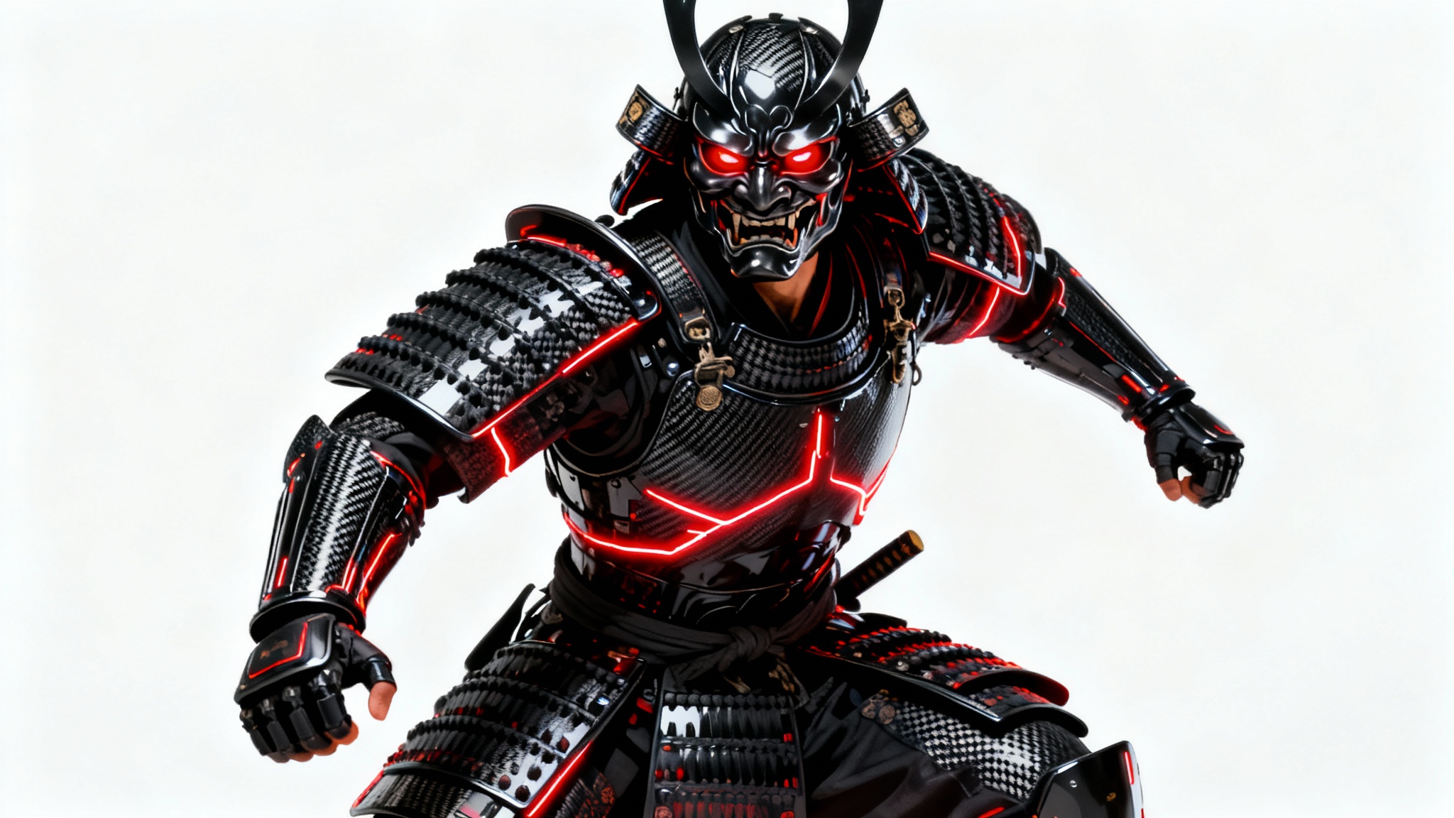 A hyper-detailed digital painting of futuristic samurai concept armor, featuring a black suit with glowing red lines and an oni mask, posed against a clean white background.