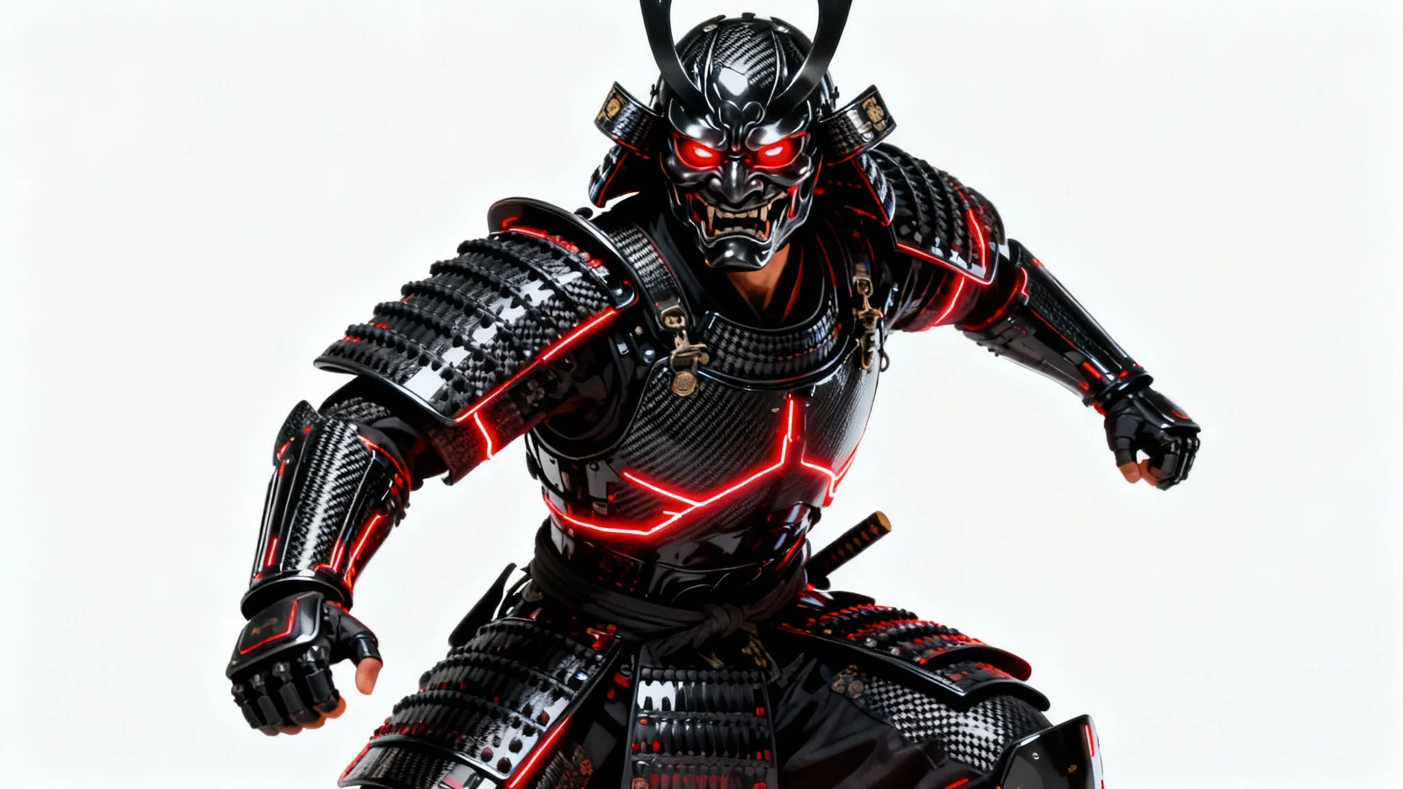 A hyper-detailed digital painting of futuristic samurai concept armor, featuring a black suit with glowing red lines and an oni mask, posed against a clean white background.