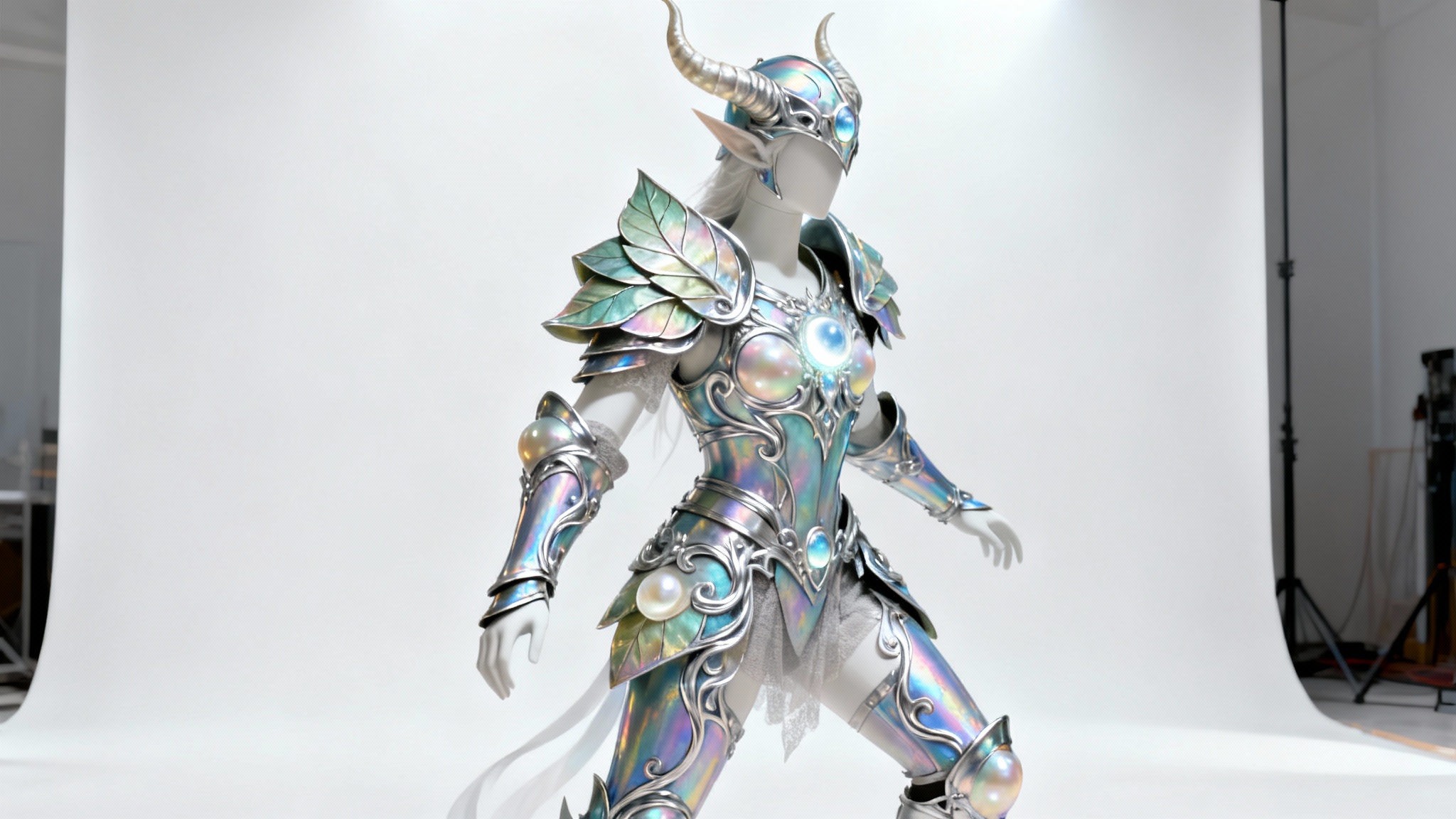 Concept art of a detailed elven suit of armor, crafted from iridescent metal with silver filigree and glowing gems, presented against a stark white background.