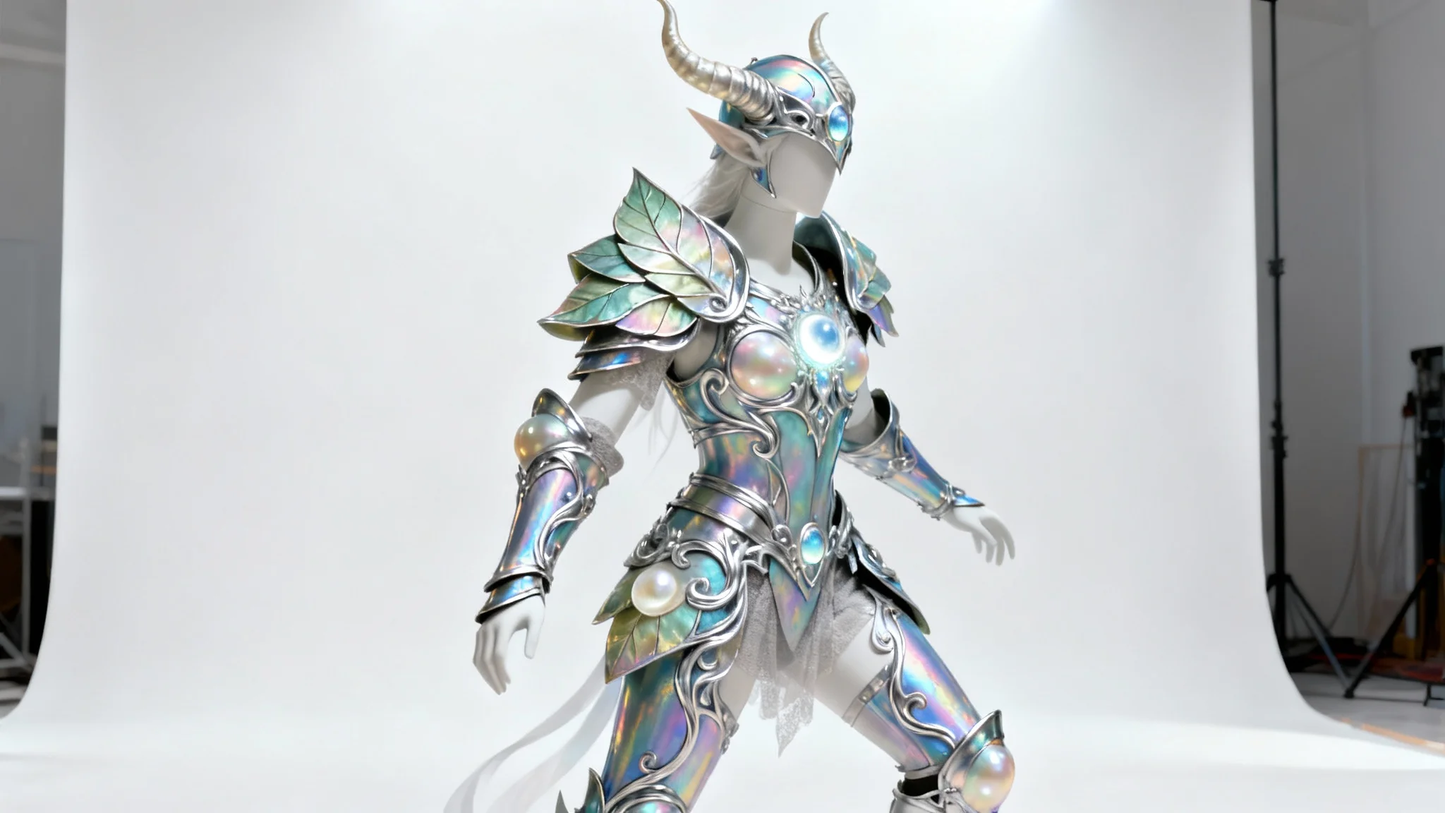 Concept art of a detailed elven suit of armor, crafted from iridescent metal with silver filigree and glowing gems, presented against a stark white background.