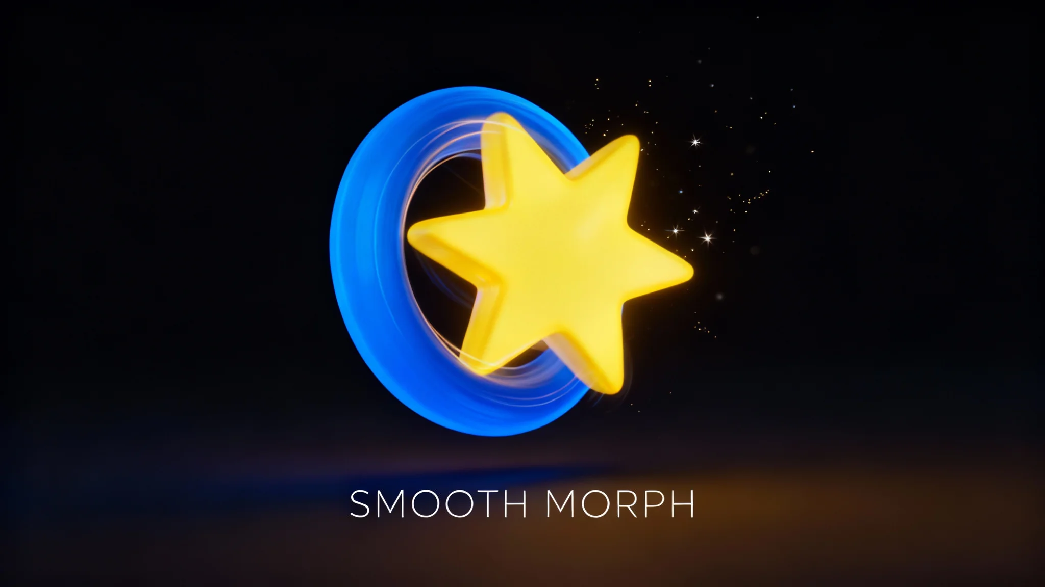 A polished 16:9 frame from a motion graphics animation. In the center, a vibrant blue 3D circle is dynamically transforming into a bright yellow star, with motion blur and light trails indicating smooth movement. The background is dark and minimalist. At the bottom, the text 'SMOOTH MORPH' is displayed in white.