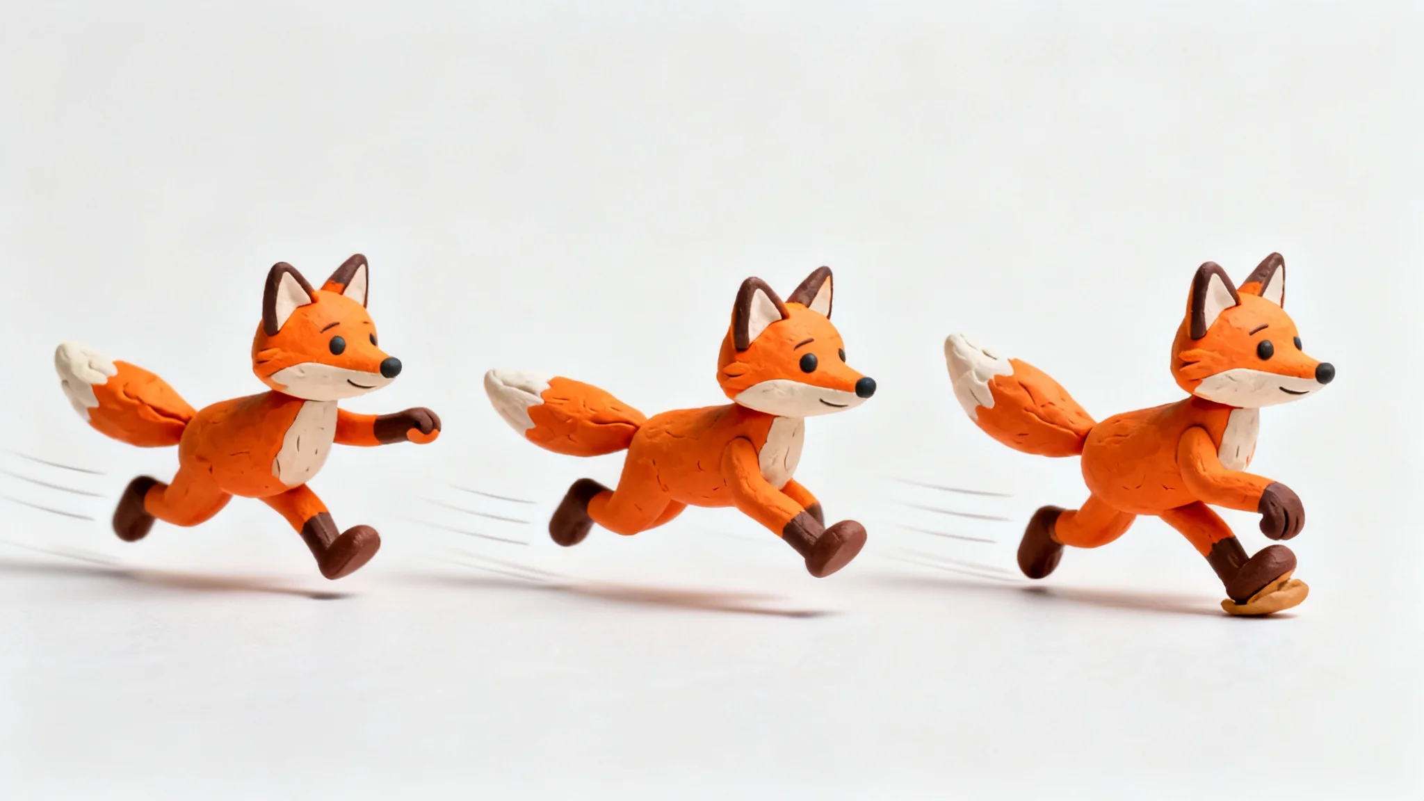 A stop-motion sequence of a claymation fox running, shown in three keyframes against a white background to illustrate the concept of video animation.