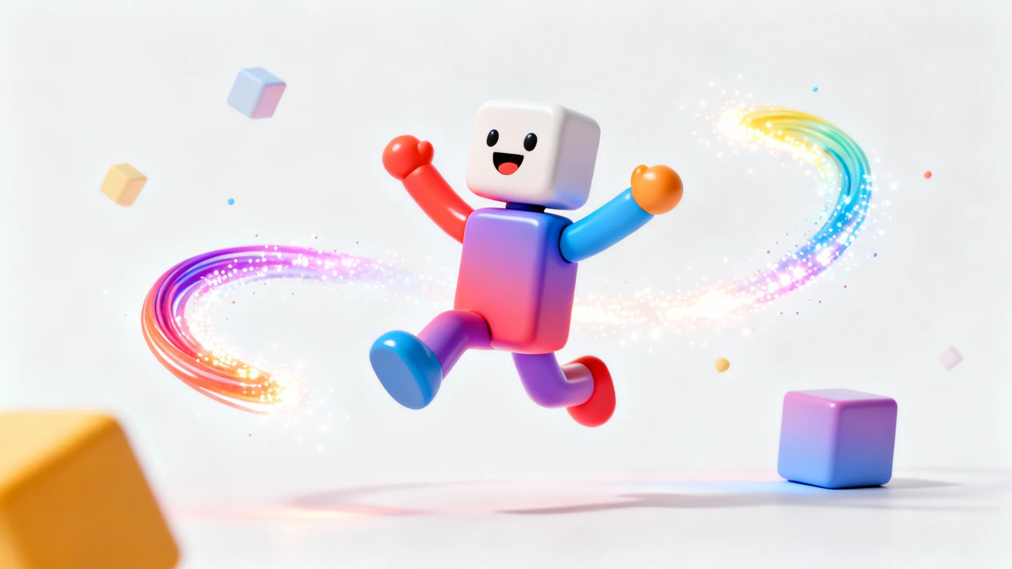 A 3D illustration representing video animation, showing a colorful, geometric cartoon character joyfully leaping amidst floating abstract shapes and light trails on a white background.