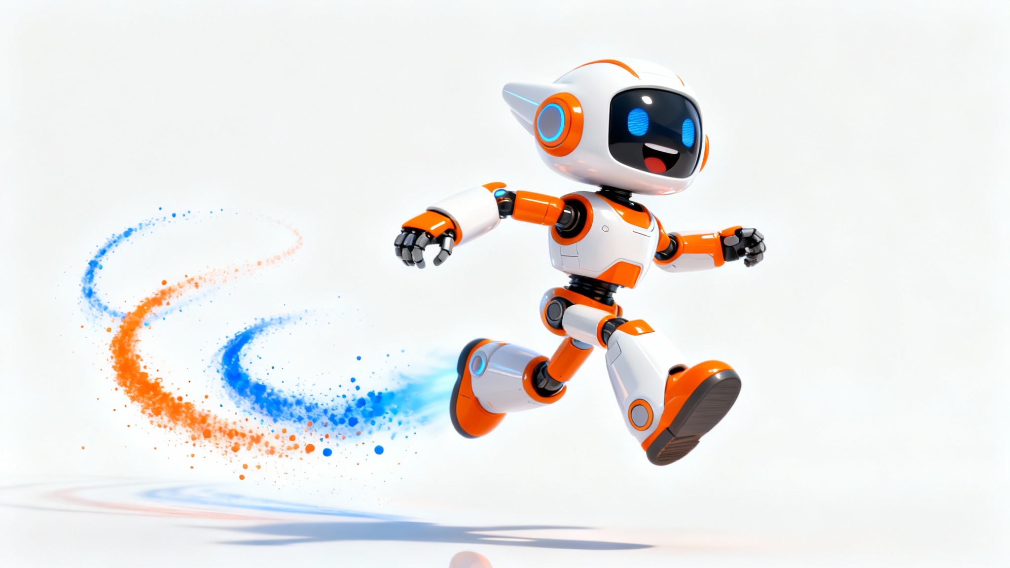 A 3D animated friendly white and orange robot leaping through the air against a white background, with colorful light trails showing its motion.