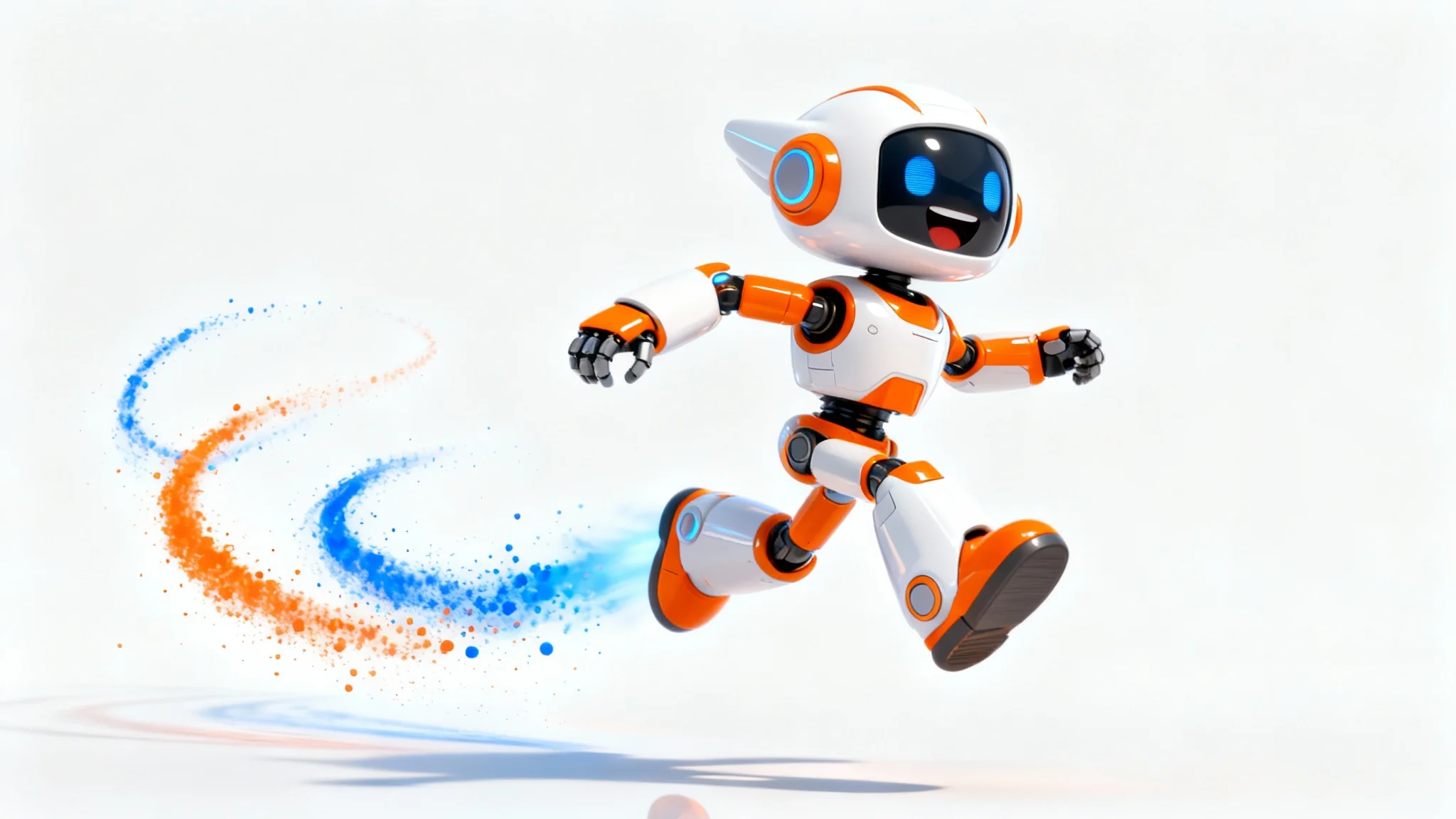 A 3D animated friendly white and orange robot leaping through the air against a white background, with colorful light trails showing its motion.