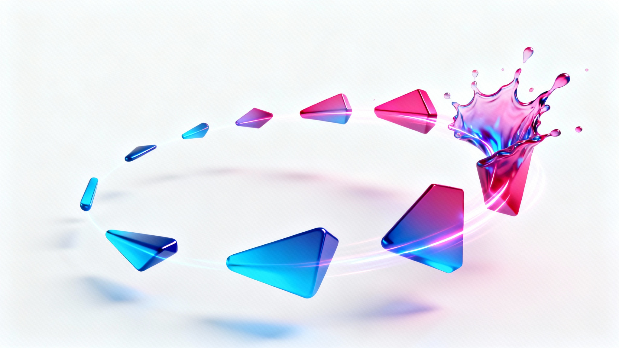 A sequence of abstract, colorful 3D shapes frozen in mid-motion against a white background, illustrating the concept of video animation and movement.