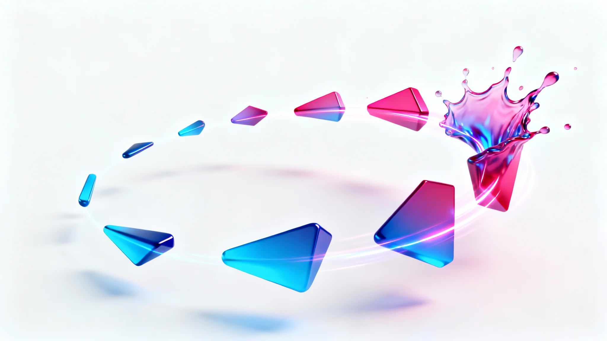A sequence of abstract, colorful 3D shapes frozen in mid-motion against a white background, illustrating the concept of video animation and movement.