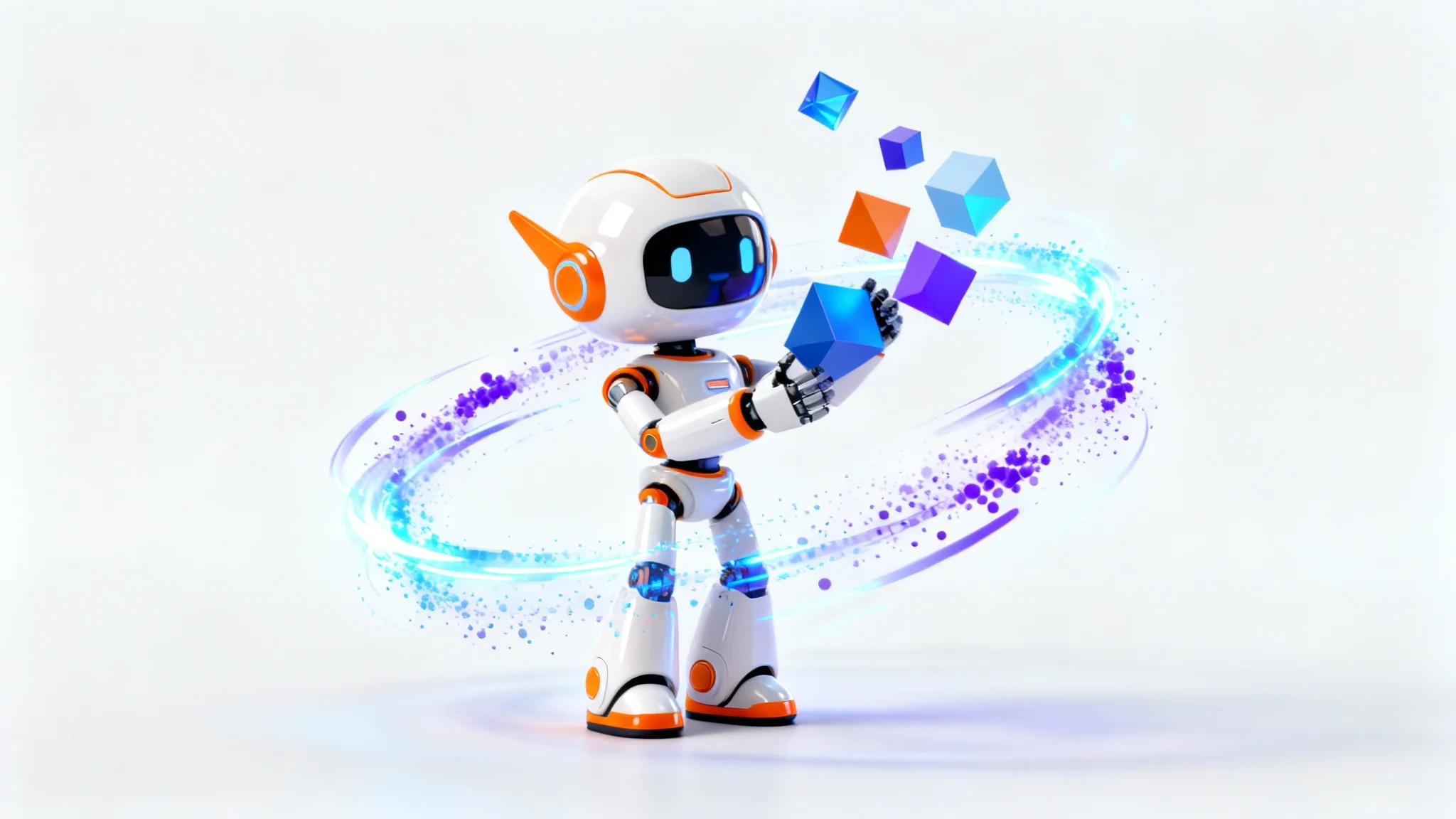A 3D animated robot character frozen mid-action assembling floating shapes against a white background, symbolizing video animation creation.