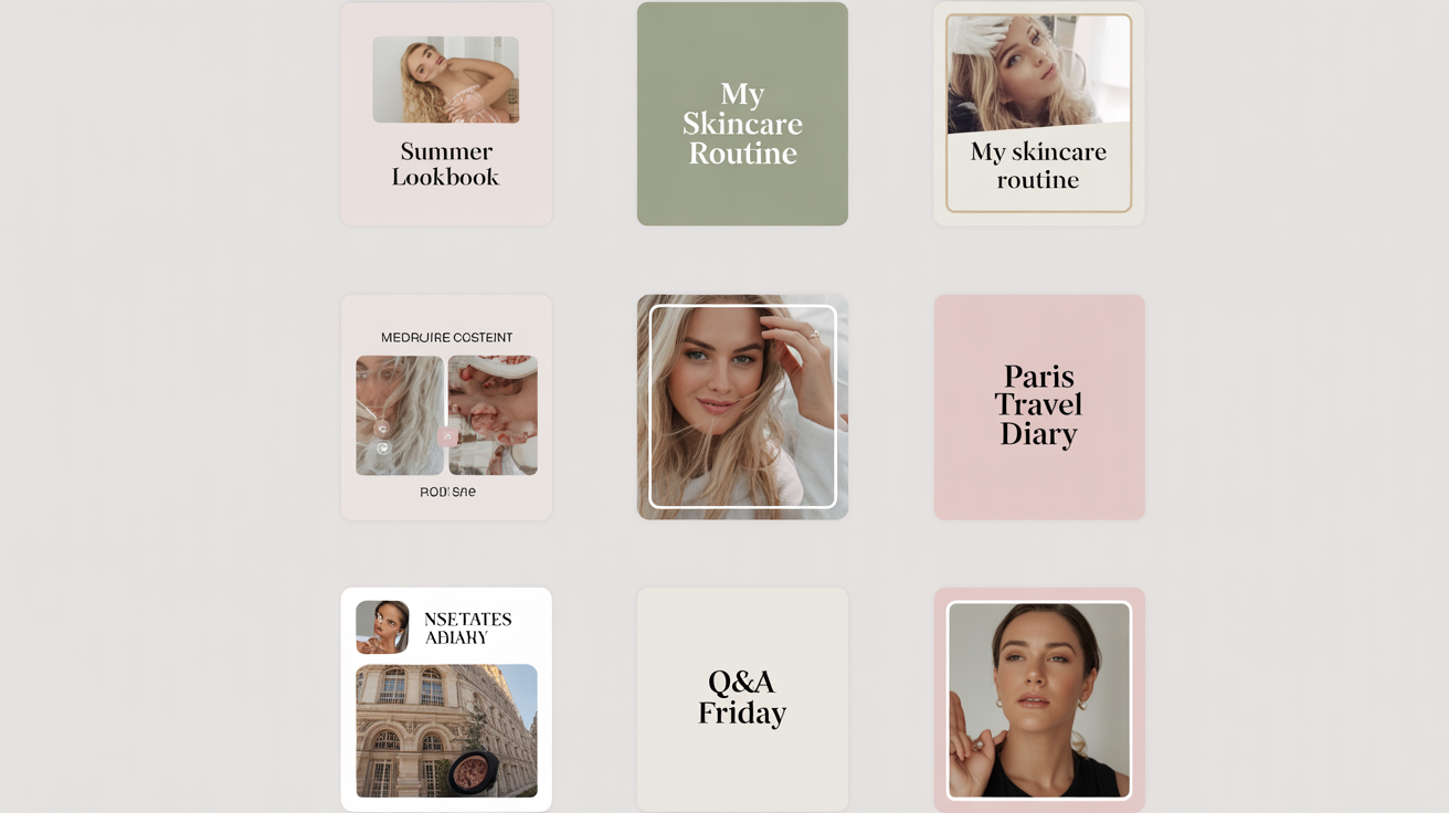 A grid of nine custom Instagram Reel covers arranged to show a cohesive, professional feed aesthetic, with titles like 'Summer Lookbook' and 'My Skincare Routine' on a white background.