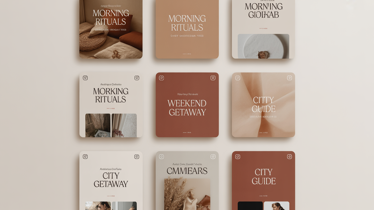 A grid of nine custom Instagram Reels covers, demonstrating a cohesive and professional feed aesthetic with a consistent warm color palette and modern typography.