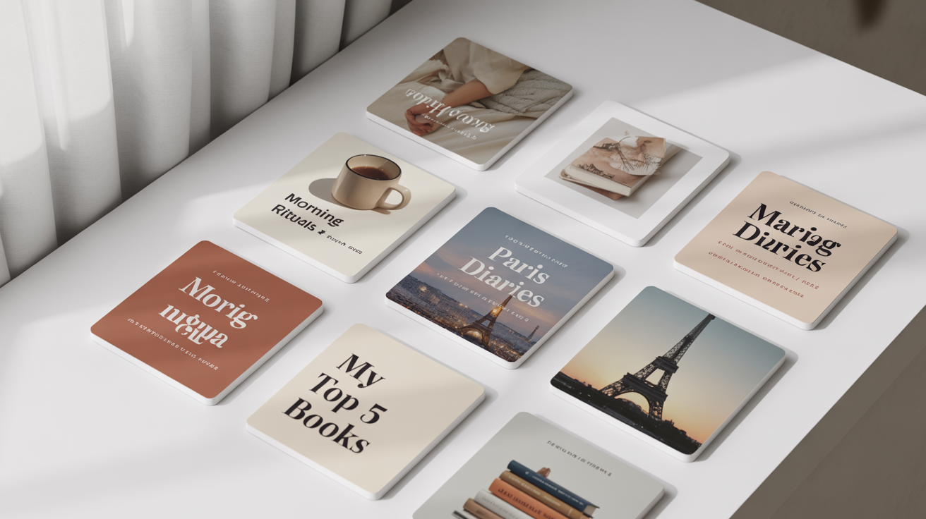 A grid of nine cohesive and professional Instagram Reels covers arranged on a white background, demonstrating a consistent brand aesthetic with a minimalist design, modern fonts, and a warm, neutral color palette.