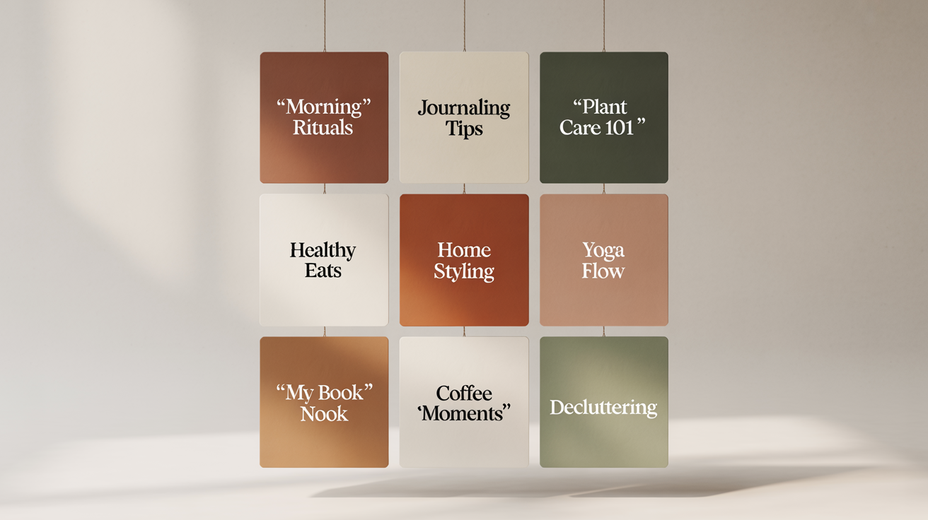 A 3x3 grid of nine professional Instagram Reels covers, all sharing a consistent warm, earthy color palette and modern typography to illustrate a cohesive brand feed.