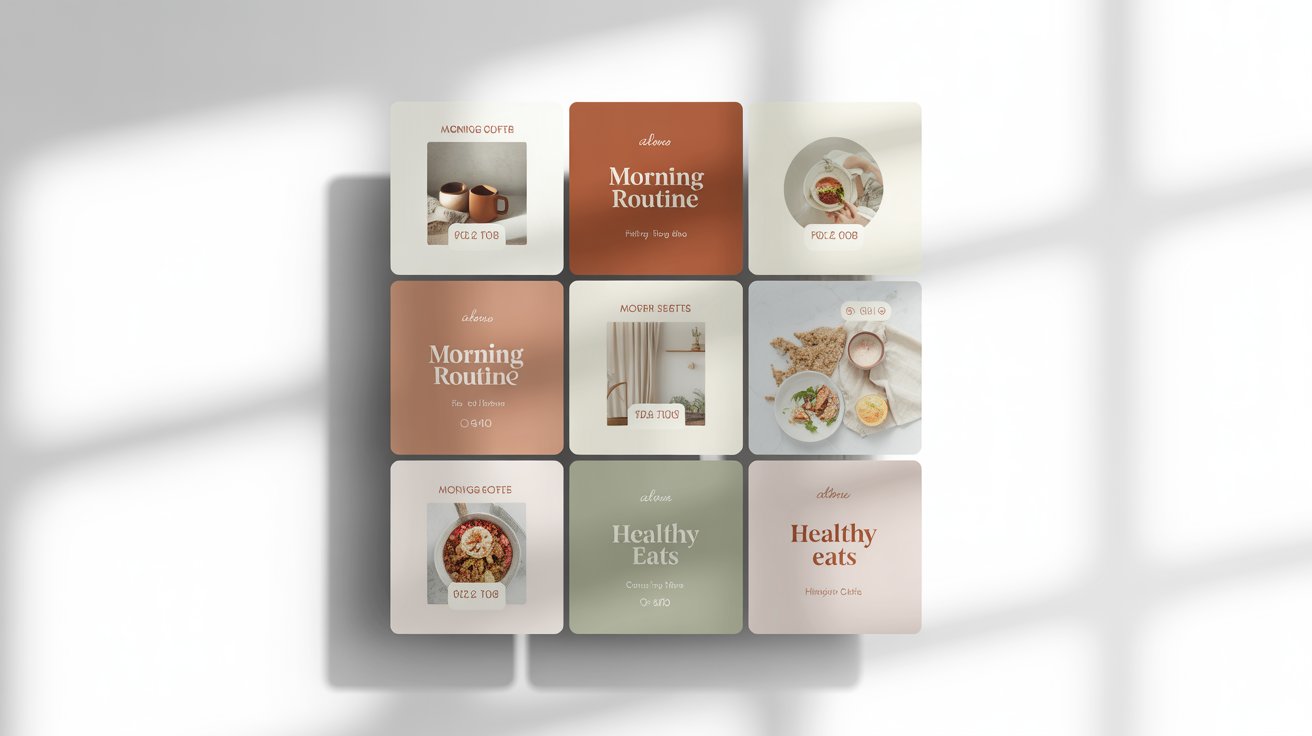 A 3x3 grid of nine cohesive Instagram Reels covers against a white background. The covers use a minimalist design with a muted color palette and feature titles like 'Morning Routine' and 'Healthy Eats', showcasing a professional and aesthetically pleasing feed.