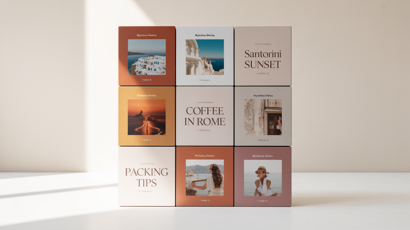 A 3x3 grid of nine custom Instagram Reels covers for a travel blogger, showing a cohesive and professional feed. The covers share a warm color palette and elegant font, with titles like 'Mykonos Diaries'.