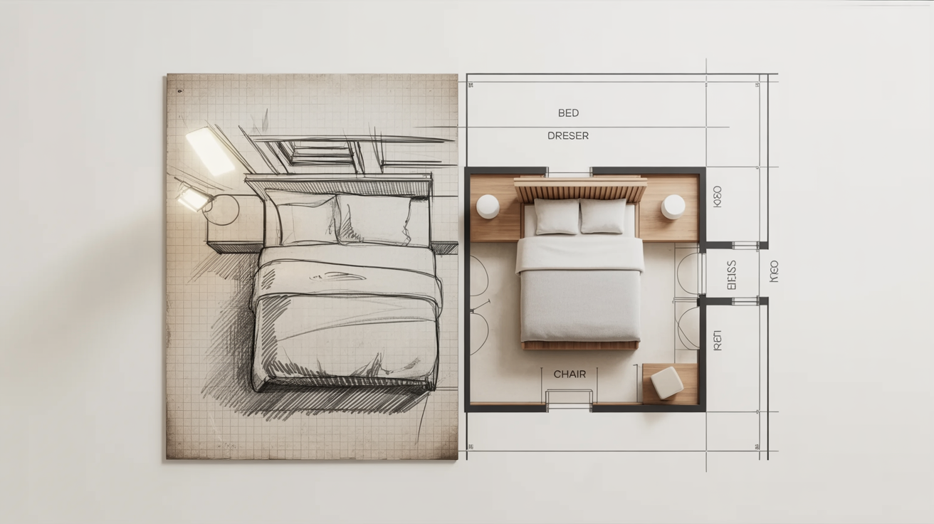 A before-and-after image showing a hand-drawn sketch of a bedroom on the left, and a professionally rendered, clean digital floor plan of the same room on the right, demonstrating a sketch-to-plan conversion.