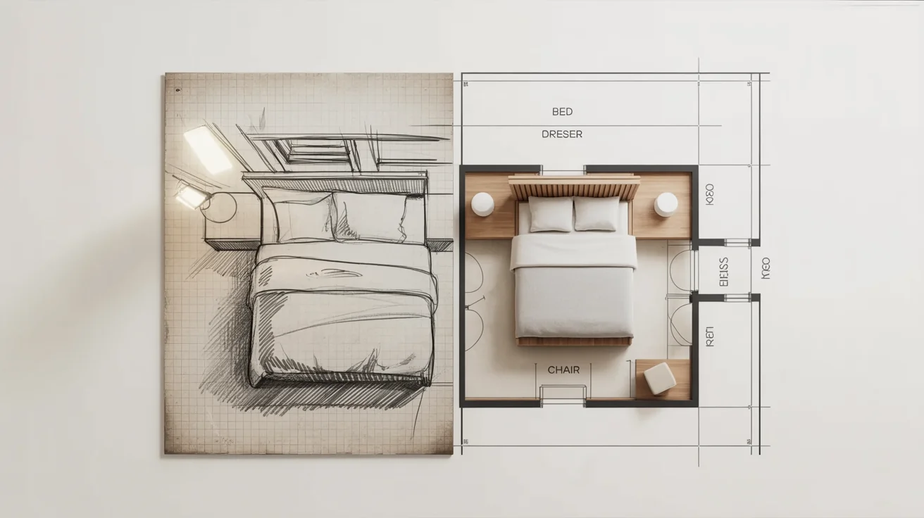 A before-and-after image showing a hand-drawn sketch of a bedroom on the left, and a professionally rendered, clean digital floor plan of the same room on the right, demonstrating a sketch-to-plan conversion.