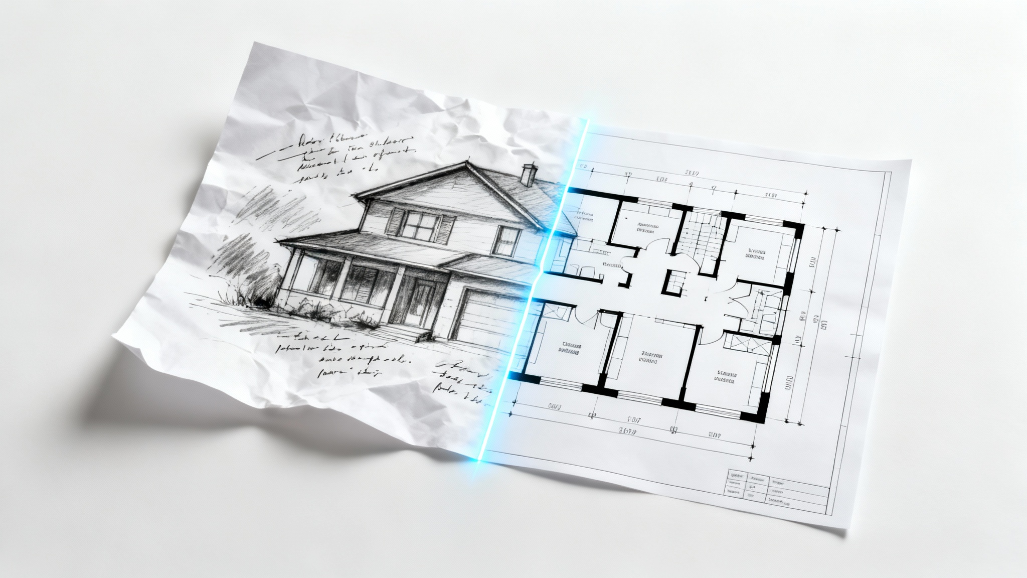 A flat-lay image showing a hand-drawn architectural sketch seamlessly transforming into a clean, professional digital floor plan, against a white background.