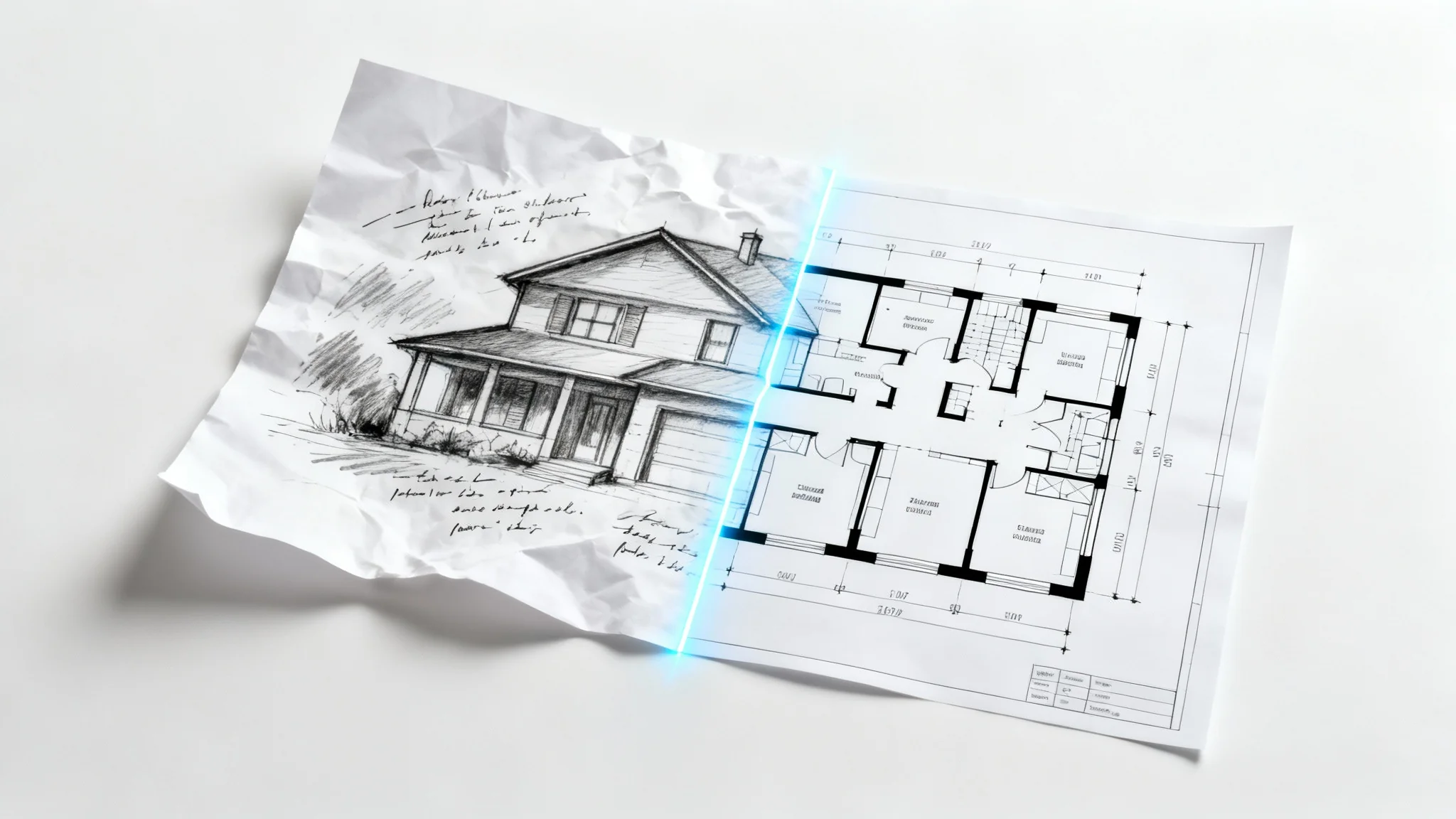 A flat-lay image showing a hand-drawn architectural sketch seamlessly transforming into a clean, professional digital floor plan, against a white background.