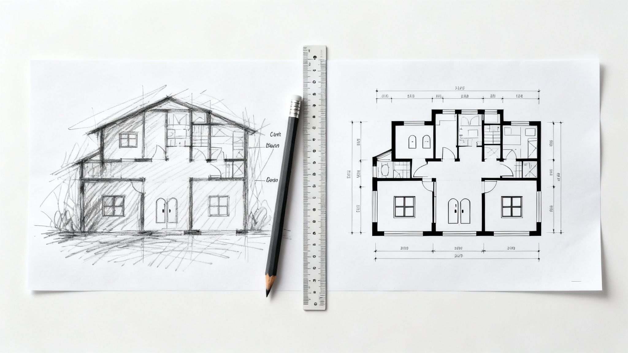 A visual metaphor for converting a sketch to a floor plan, showing a piece of paper that is half hand-drawn sketch and half professional digital blueprint, set against a white background.