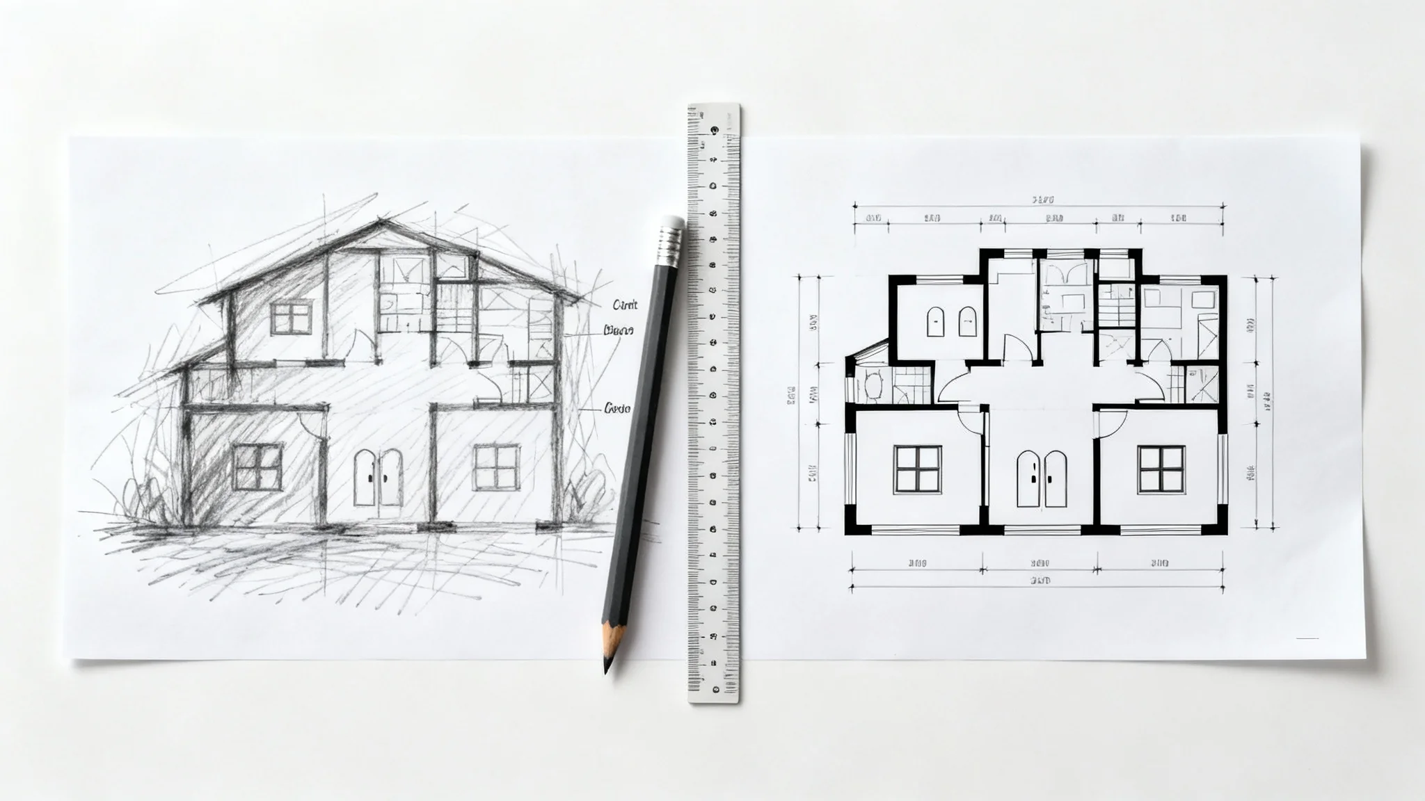 A visual metaphor for converting a sketch to a floor plan, showing a piece of paper that is half hand-drawn sketch and half professional digital blueprint, set against a white background.