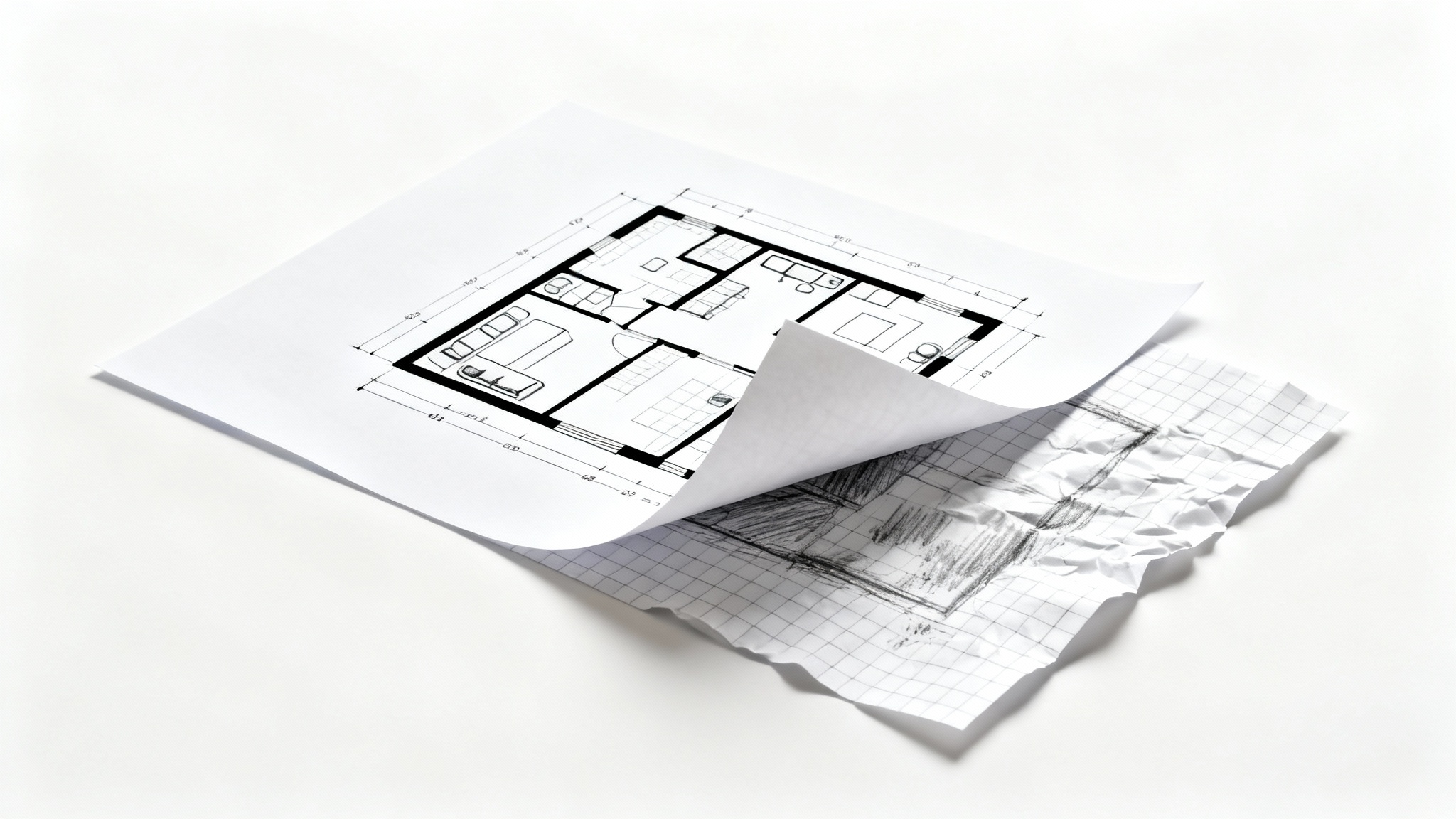 An image showing a professional floor plan peeling away to reveal the original hand-drawn sketch underneath, symbolizing the conversion from a sketch to a finished plan.
