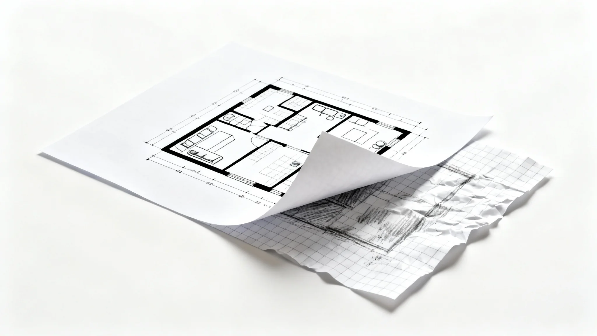 An image showing a professional floor plan peeling away to reveal the original hand-drawn sketch underneath, symbolizing the conversion from a sketch to a finished plan.