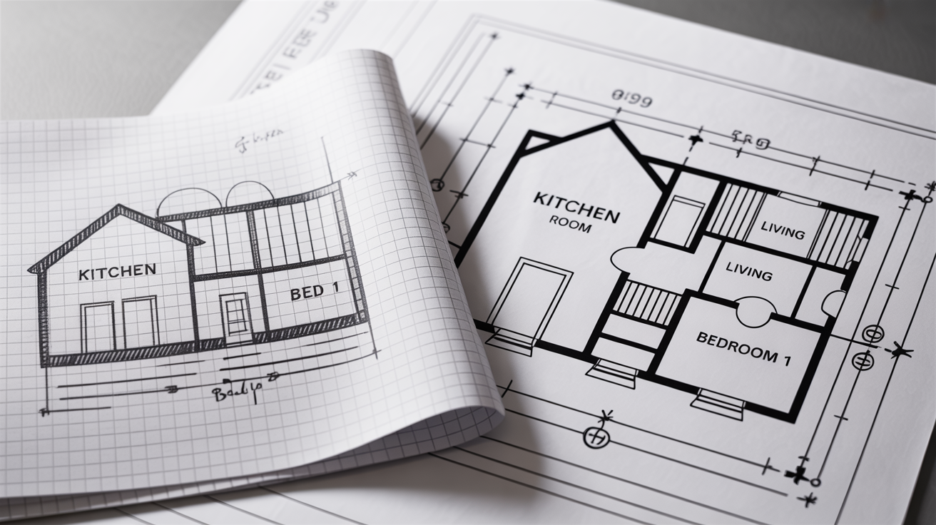 A side-by-side comparison image showing a rough pencil sketch of a floor plan on the left and a clean, professional digital version of the same floor plan on the right, demonstrating a conversion process.
