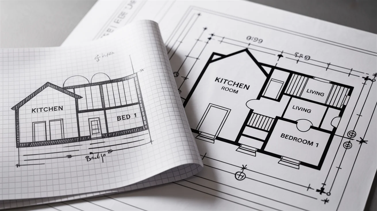 A side-by-side comparison image showing a rough pencil sketch of a floor plan on the left and a clean, professional digital version of the same floor plan on the right, demonstrating a conversion process.