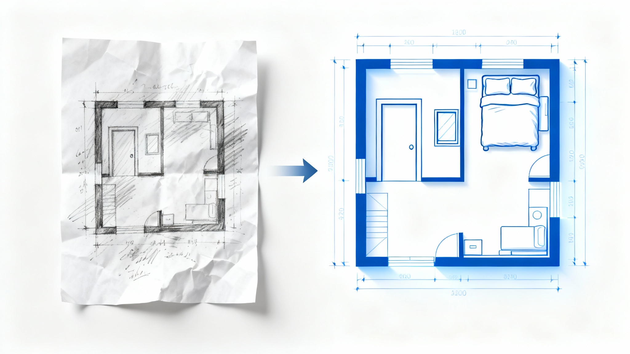 A conceptual image showing a hand-drawn sketch of a room on the left and a professional, digital floor plan of the same room on the right, symbolizing the conversion process.