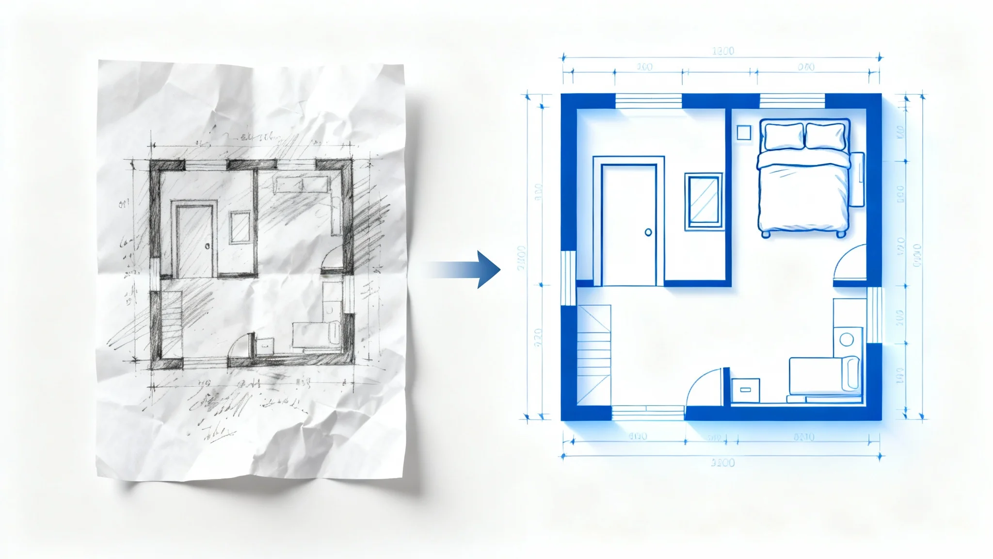 A conceptual image showing a hand-drawn sketch of a room on the left and a professional, digital floor plan of the same room on the right, symbolizing the conversion process.