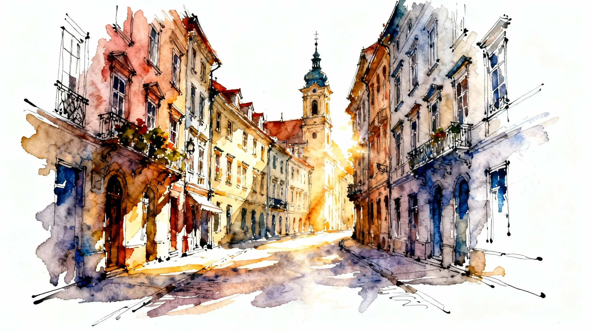 A beautiful watercolor painting of a European city street, demonstrating an artistic architectural style.