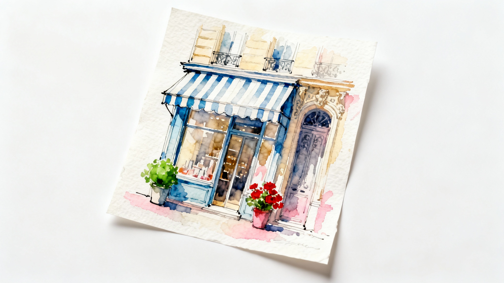 A beautiful watercolor illustration of a classic Parisian storefront, featuring soft pastel colors and delicate ink lines, displayed as a mockup against a clean white background.