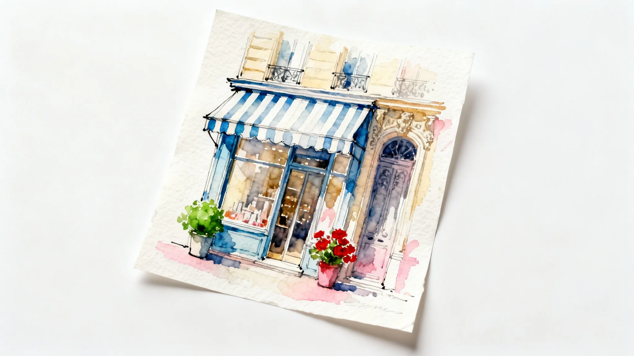 A beautiful watercolor illustration of a classic Parisian storefront, featuring soft pastel colors and delicate ink lines, displayed as a mockup against a clean white background.