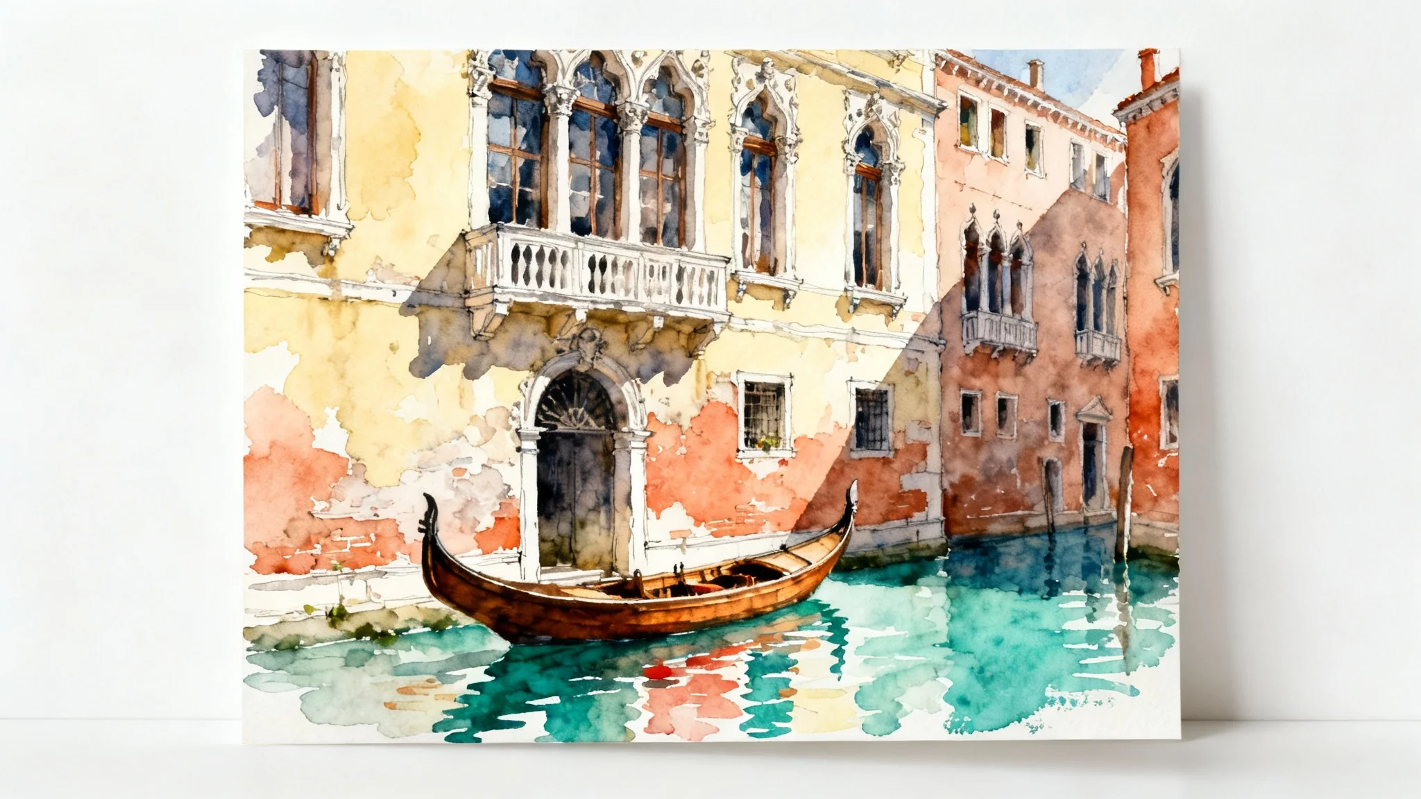 An artistic watercolor painting of a Venetian building next to a canal with a gondola, showcased against a clean white background.