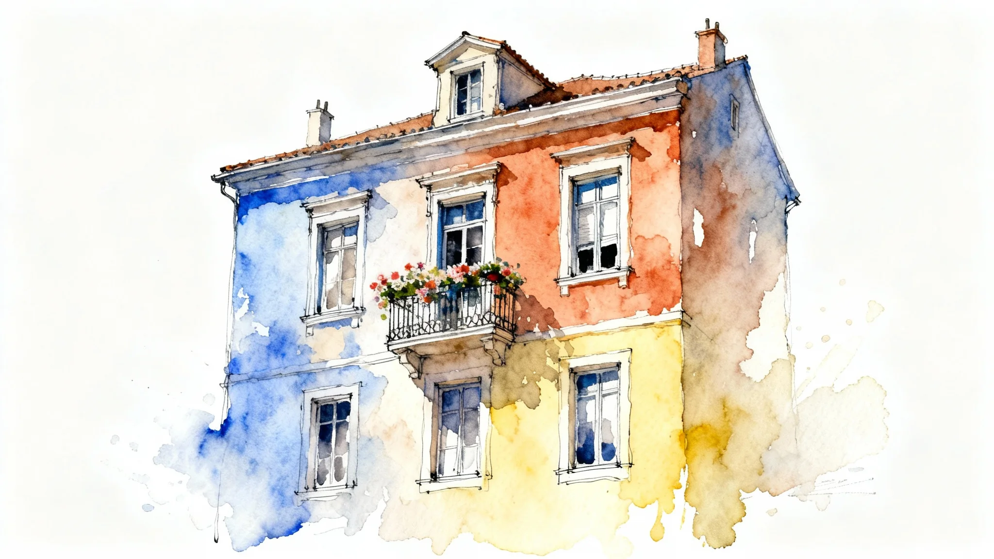 A soft and expressive watercolor painting of a European townhouse, showcasing an artistic architectural style with delicate linework, displayed on a clean white background.