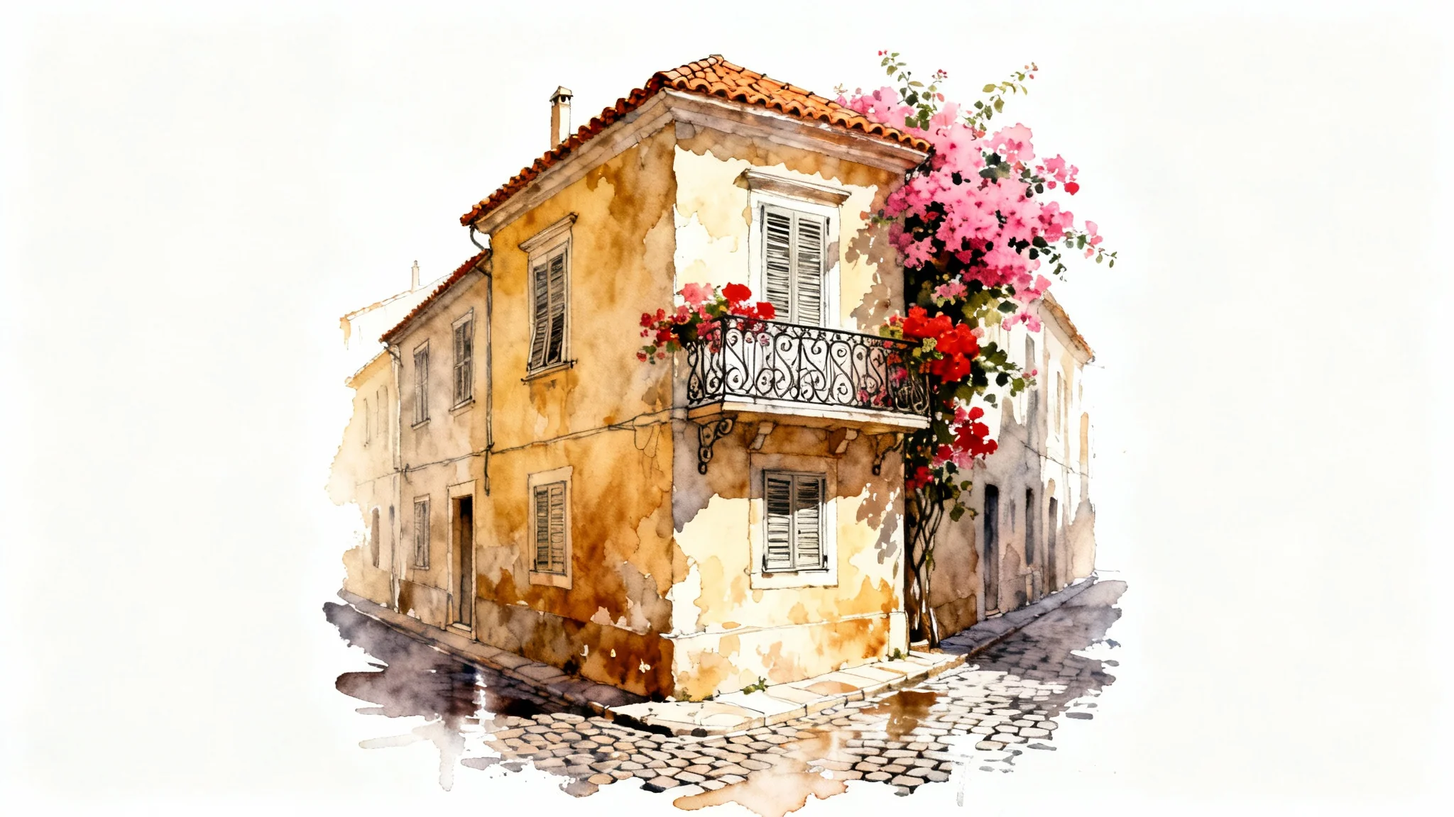 A detailed watercolor painting of a European architectural scene, featuring a building with a balcony full of flowers on a cobblestone street, isolated against a clean white background.