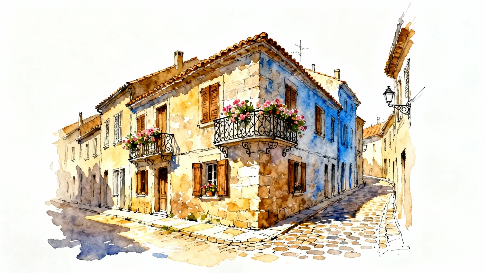 A beautiful watercolor painting of a sunlit, charming European street scene, showcasing old architecture and flowers, presented against a clean white background.