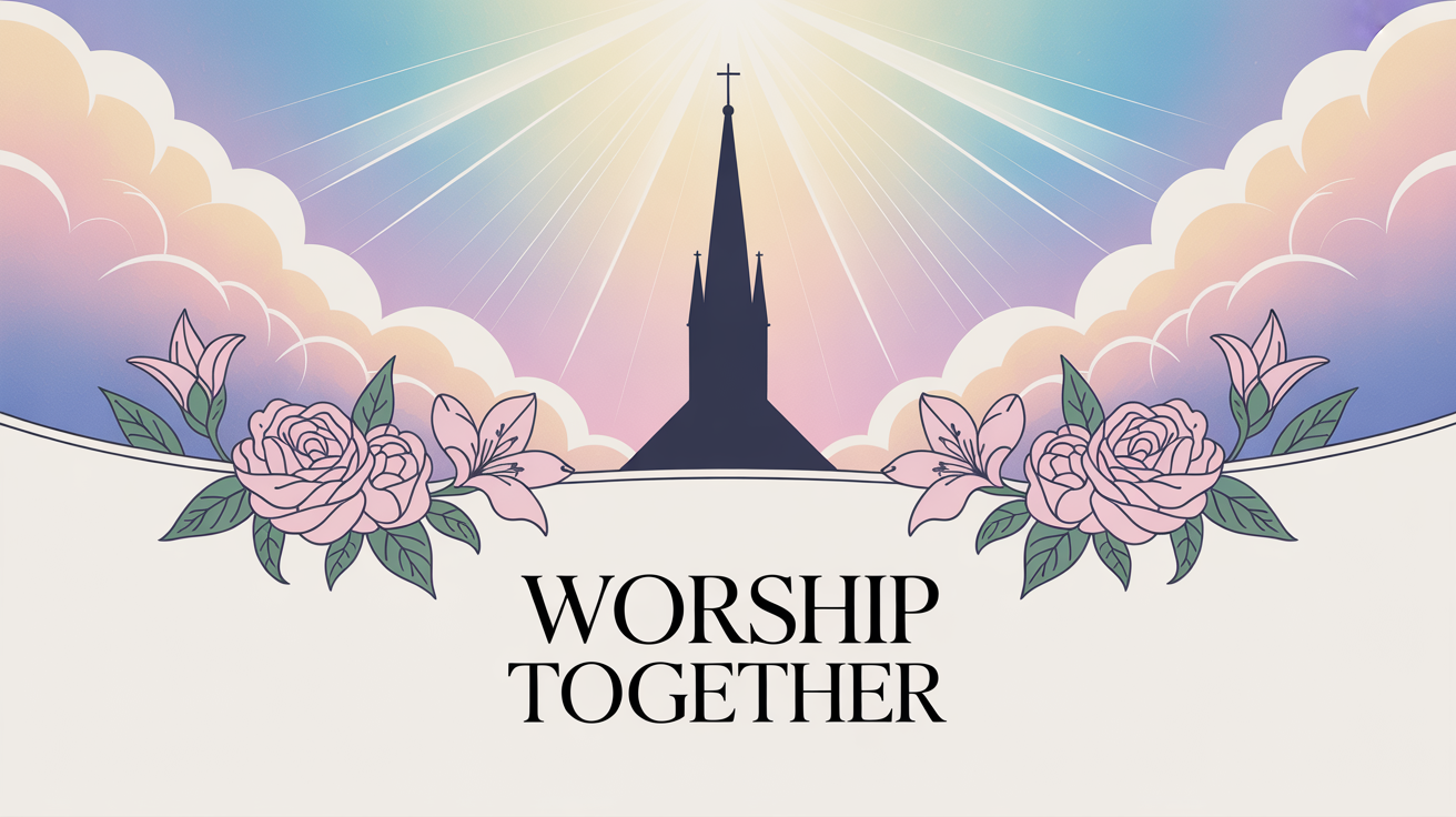 A finished worship background design showing a blue and purple gradient sky with sun rays, a silhouette of a church steeple, and decorative floral patterns. The text 'Worship Together' is at the bottom.