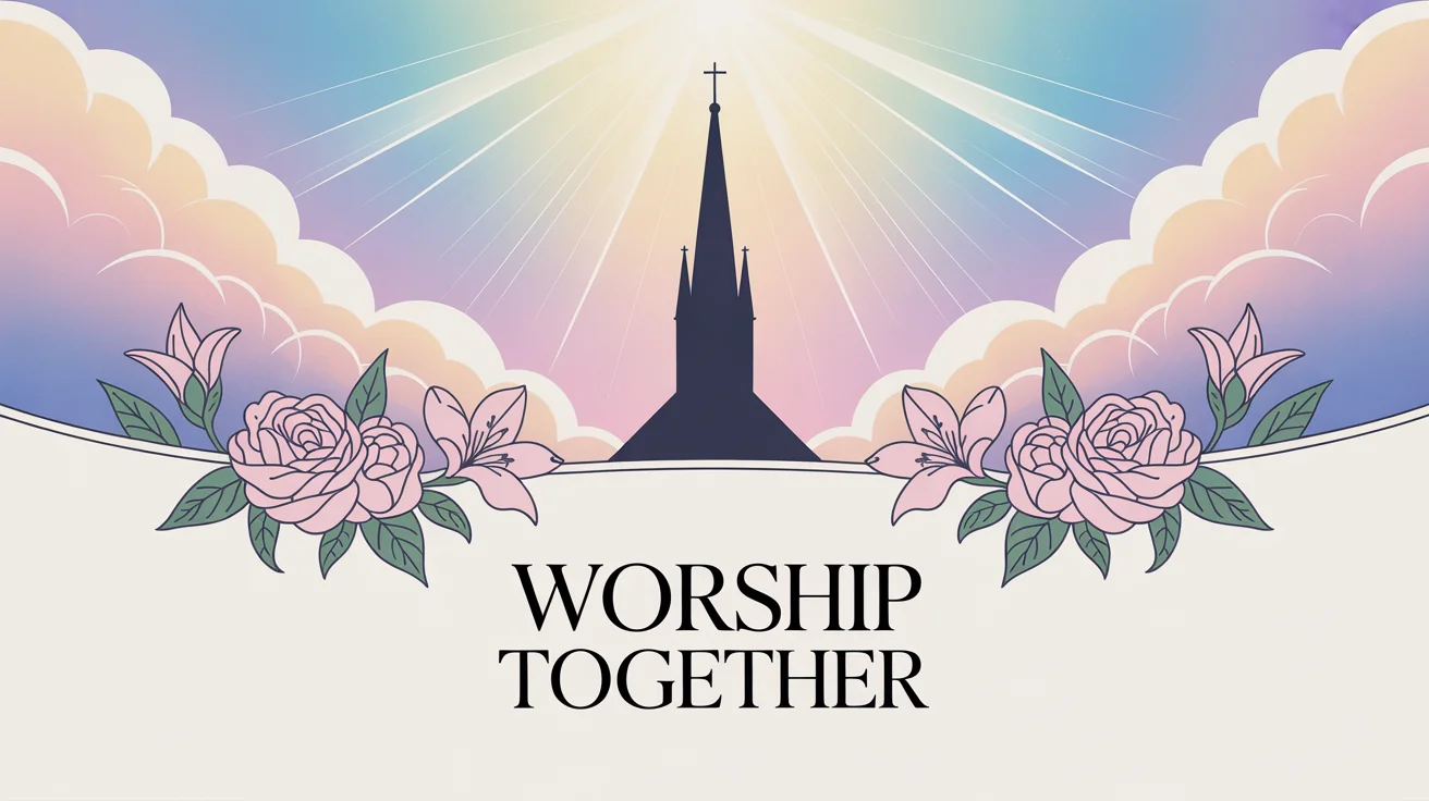 A finished worship background design showing a blue and purple gradient sky with sun rays, a silhouette of a church steeple, and decorative floral patterns. The text 'Worship Together' is at the bottom.