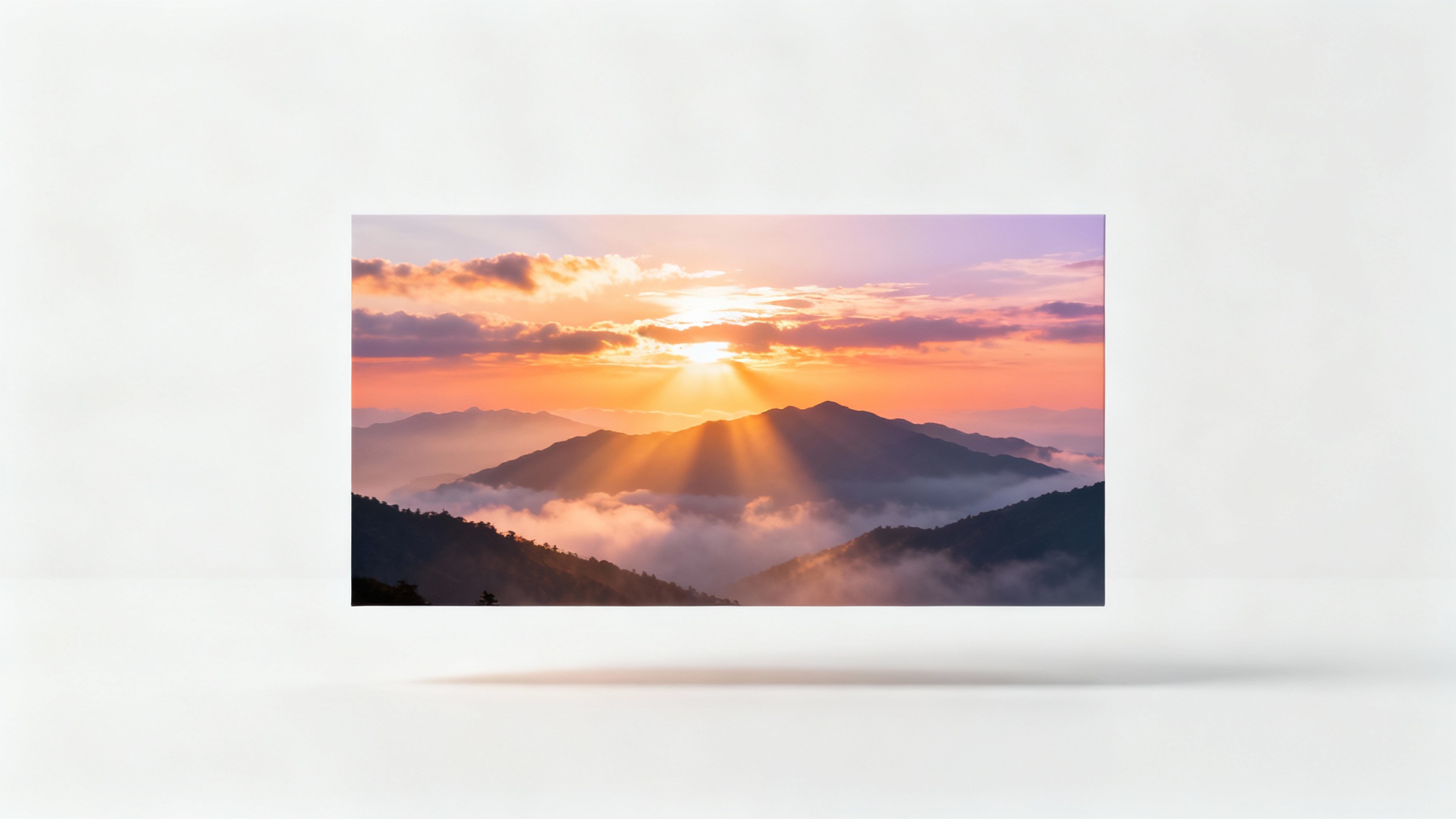 A beautiful worship background depicting a golden sunrise over a misty mountain range, shown as a mockup on a plain white background.