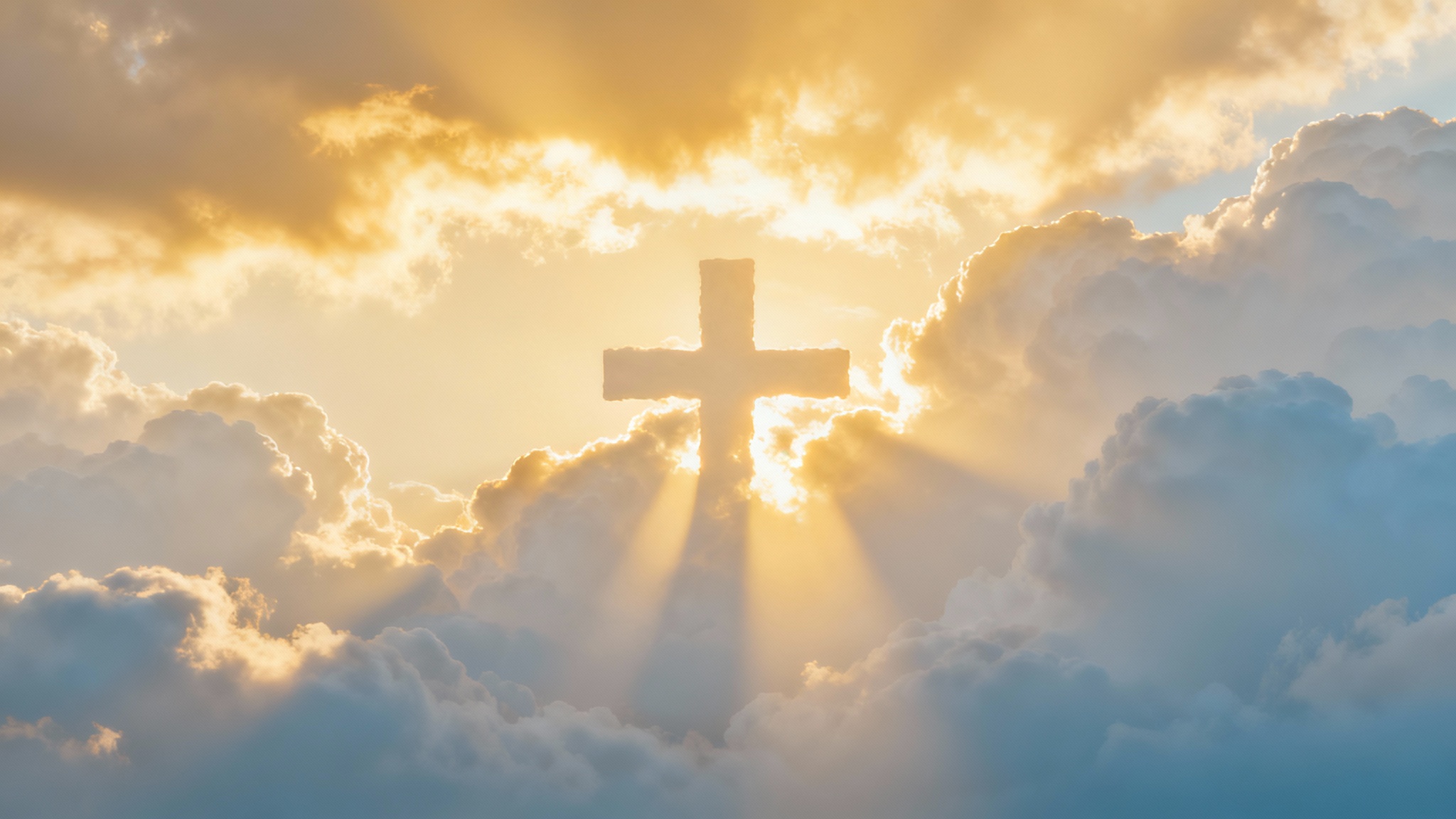 A serene worship background featuring divine golden sunbeams breaking through soft clouds, creating a tranquil and spiritual atmosphere suitable for worship.
