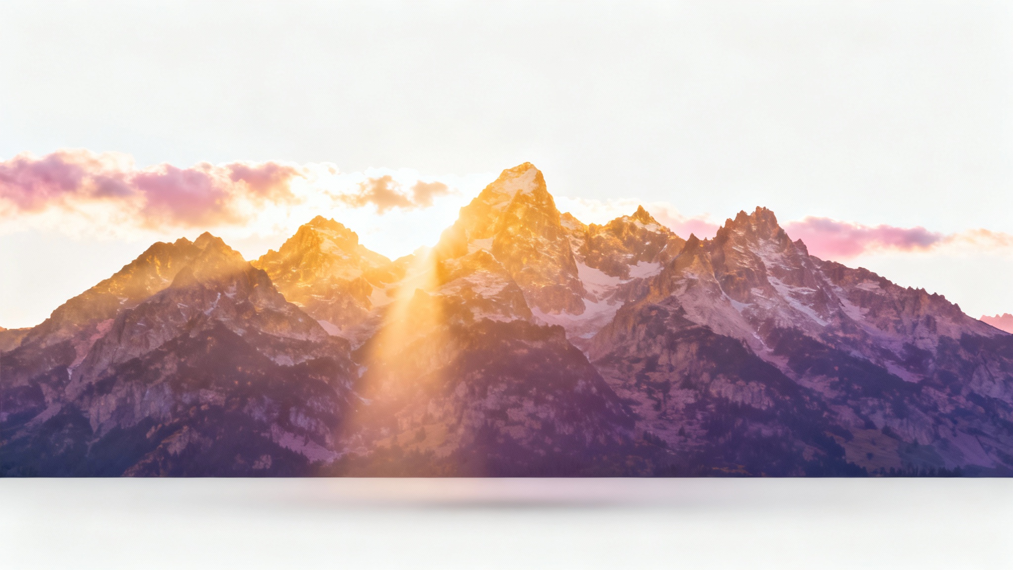 A mockup of a worship background, showing a beautiful sunrise with sunbeams over a mountain range, presented on a clean white background.