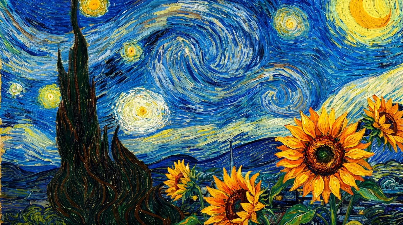 A professionally designed digital collage in the style of Vincent van Gogh, showing a finished artwork that combines elements like the Starry Night sky, vibrant sunflowers, and cypress trees with expressive brushstrokes.