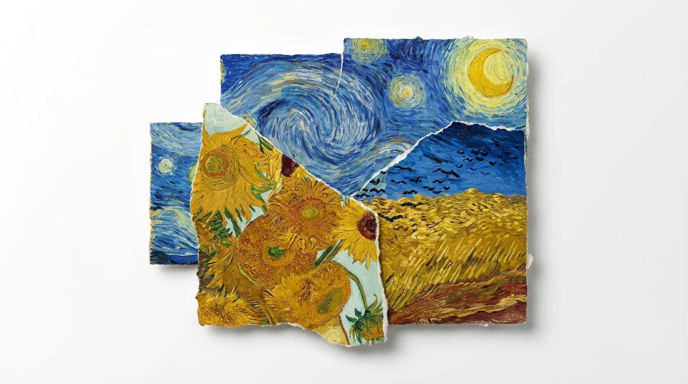 A beautiful collage made from cutouts of various Vincent van Gogh paintings, including 'The Starry Night' and 'Sunflowers', arranged artfully on a white surface.