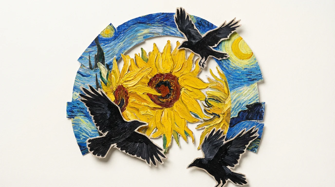 A physical collage made from cutouts of Van Gogh's paintings, including a large sunflower, the swirling sky from 'The Starry Night', and black crows, all arranged on a clean white background.