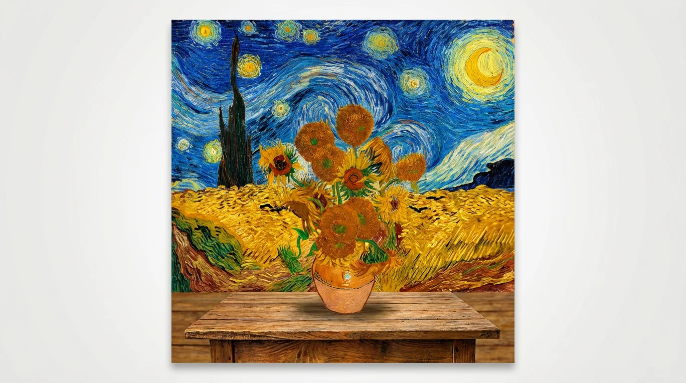 A vibrant art collage in the style of Vincent van Gogh, featuring the swirling sky from 'The Starry Night', a vase of 'Sunflowers', and a golden wheat field, all on a clean white background.