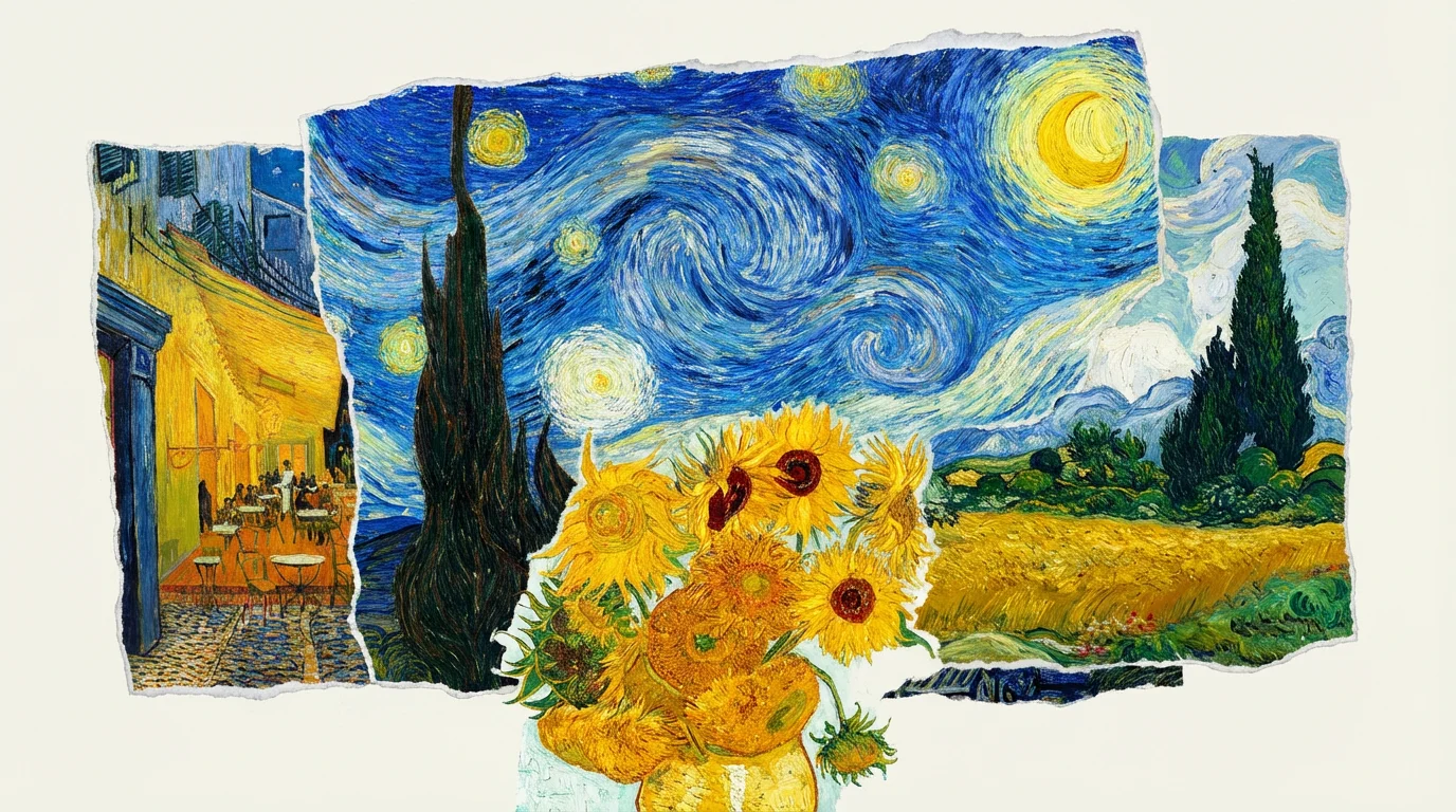 A beautiful and artistic collage in the style of Vincent van Gogh, combining elements from 'The Starry Night,' 'Sunflowers,' and his wheatfield paintings, set against a plain white background.